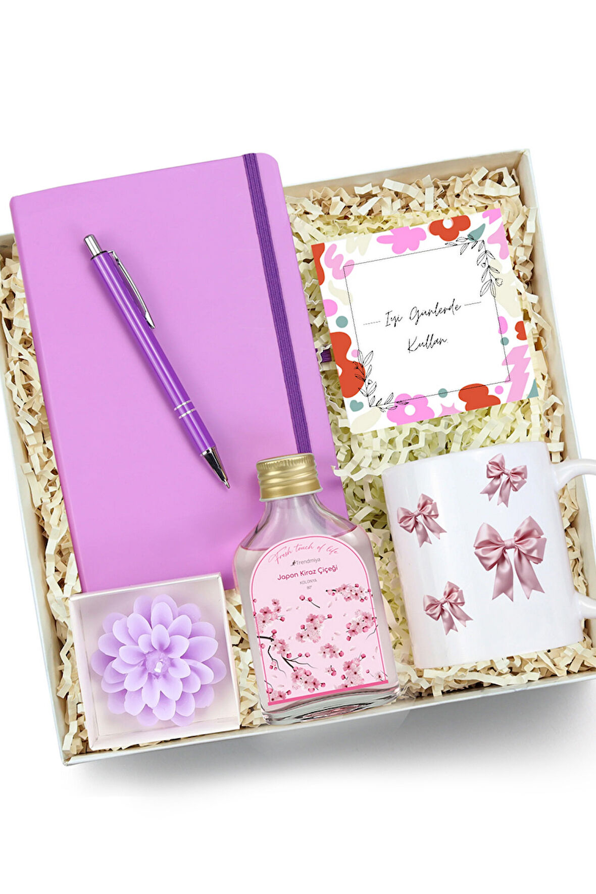Mor Defter & Kalem & Baskılı Kupa & Lotus Mum & Japon Kiraz Çiçeği Kolonyası Hediye Seti