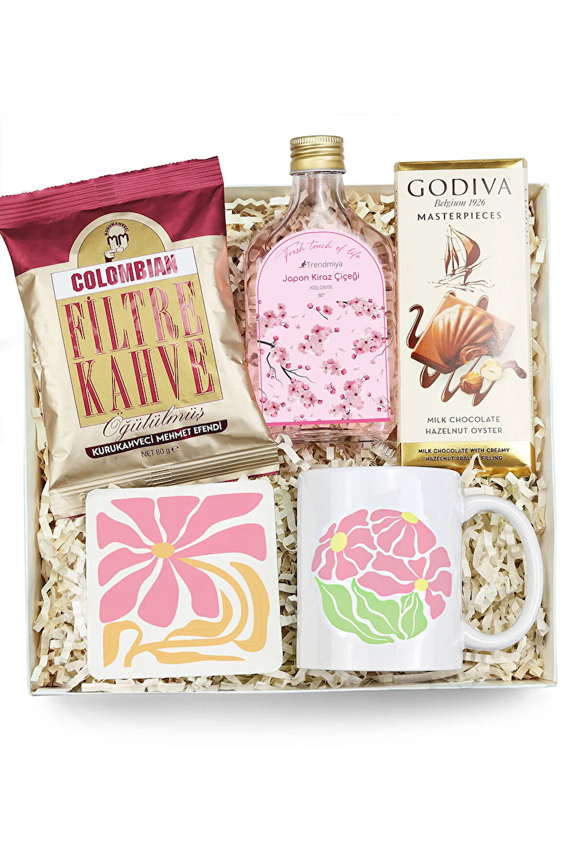 Godiva Çikolata & Kolonya & Baskılı Kupa & Bardak Altlığı & Mehmet Efendi Filtre Kahve Hediye Seti