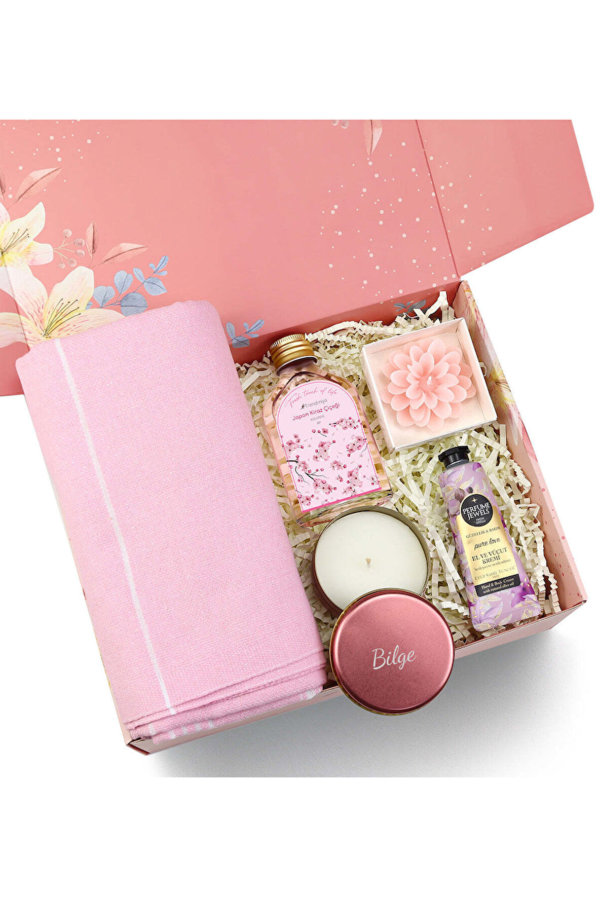 El ve Vücut Kremi & Peştemal & Lotus Mum & Metal Kutulu Mum & Kolonyası Hediye Seti