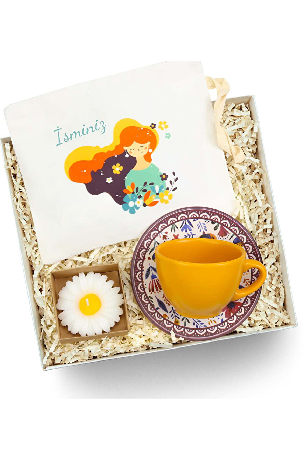 Kişiye Özel Bez Çanta & Fincan & Mum Hediye Seti