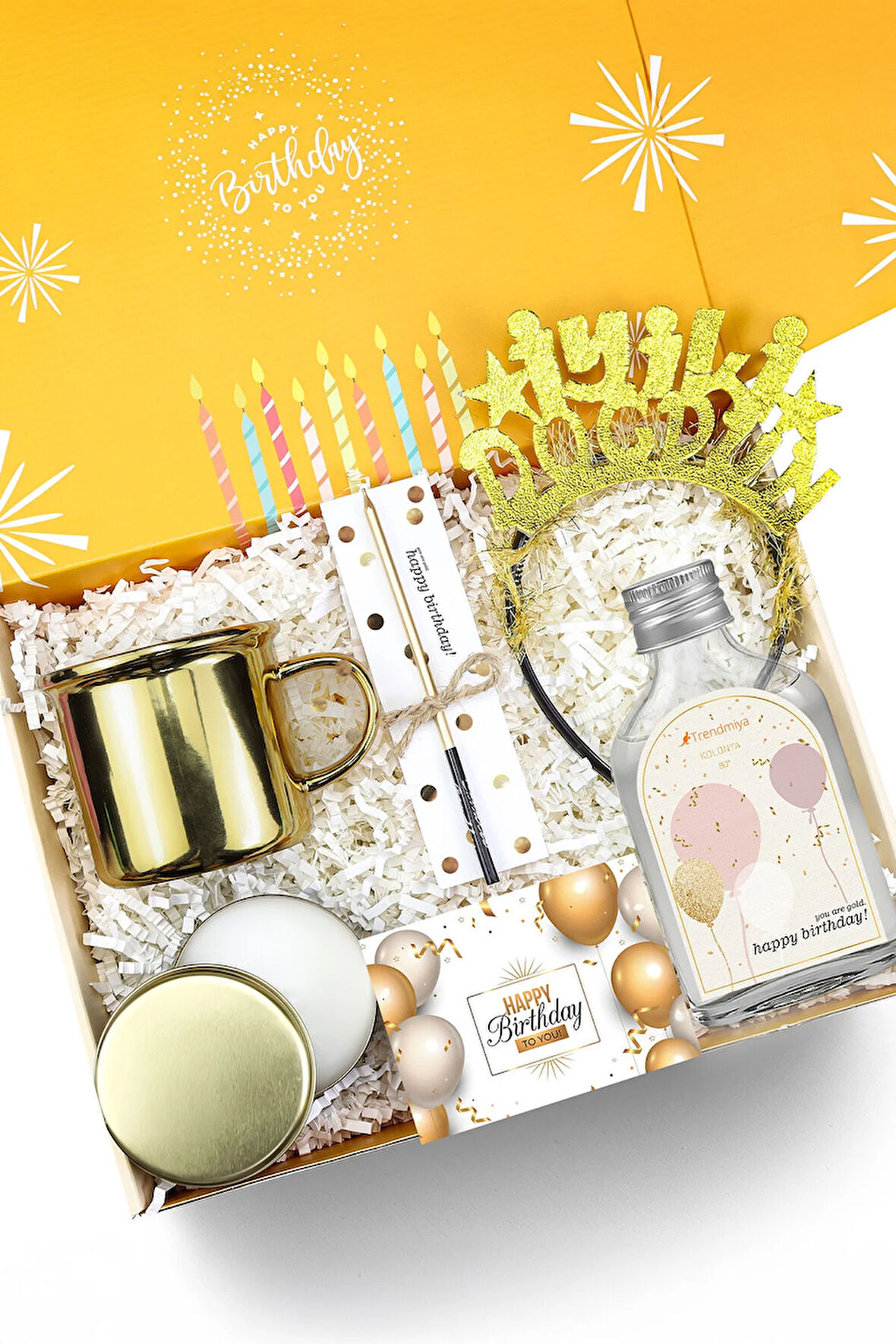 Mum & Kupa & Taç & Kolonya & Doğum Günü Mumu Hediye Seti