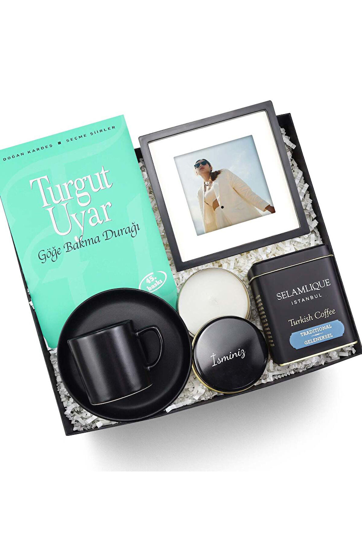 Göğe Bakma Durağı Kitabı & Çerçeve & Mum & Türk Kahvesi & Fincan Hediye Seti