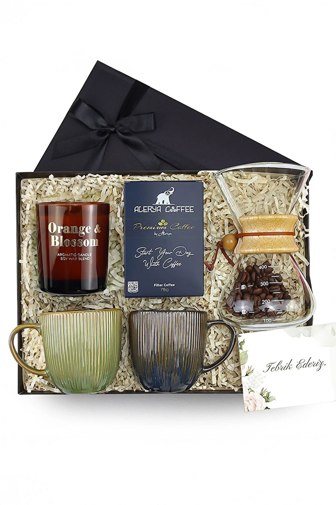 Karaf & 2'li Porselen Kupa & Alerya Kahve & Bardak Mum Çiftlere Premium Hediye Seti