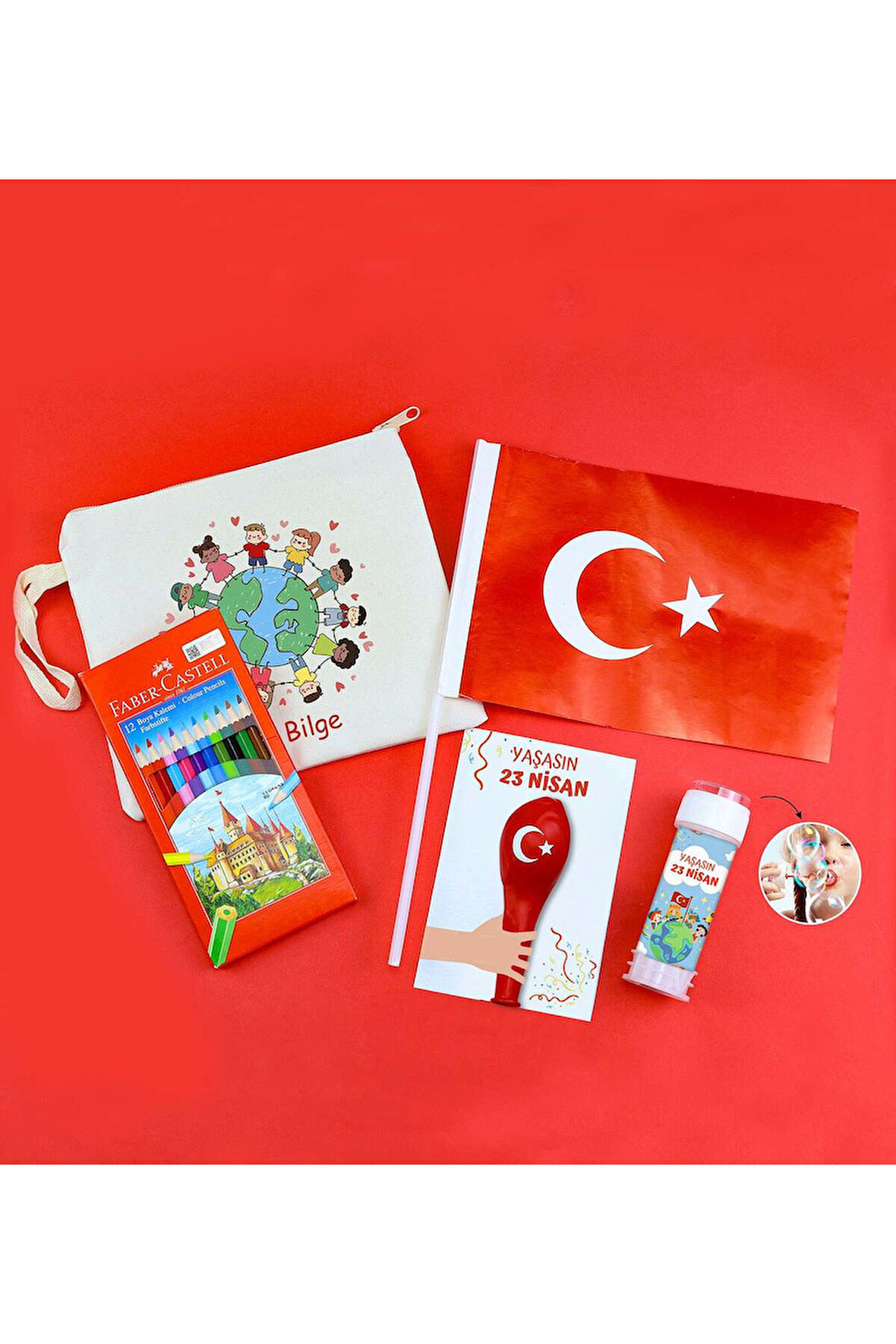Kuru Boya & Bez Çanta & Türk Bayrağı & Balon & Köpük Baloncuk 23 Nisan Hediye Seti