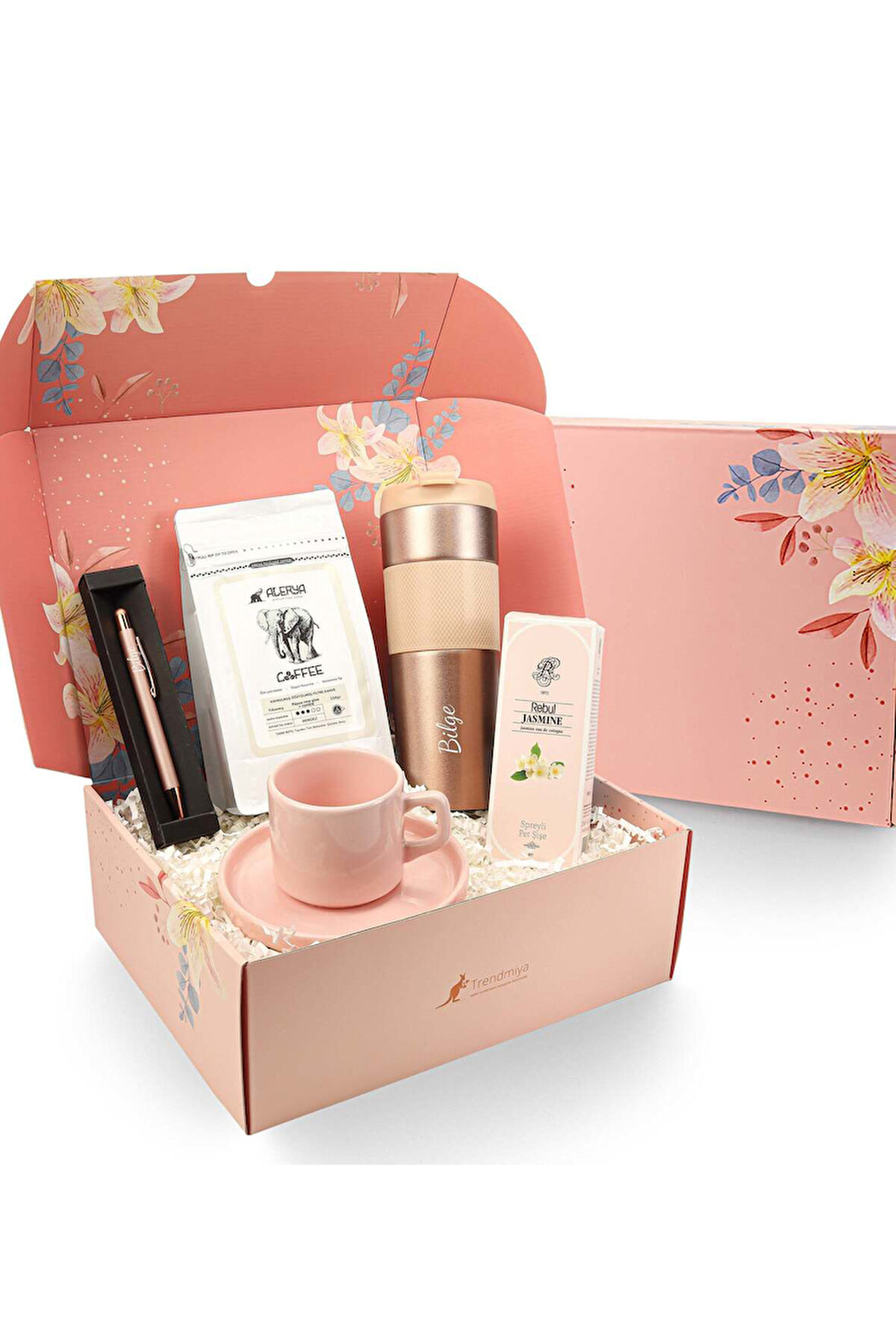 Rose Termos & Öğütülmüş Filtre Kahve & Kolonya & Pembe Fincan & Rose Tükenmez Kalem