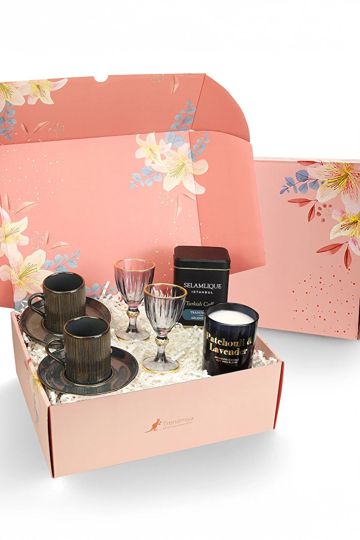 2li Porselen Fincan & Kahve yanı Bardağı & Selamlıque Türk Kahvesi & Rakle Mum Hediye Seti