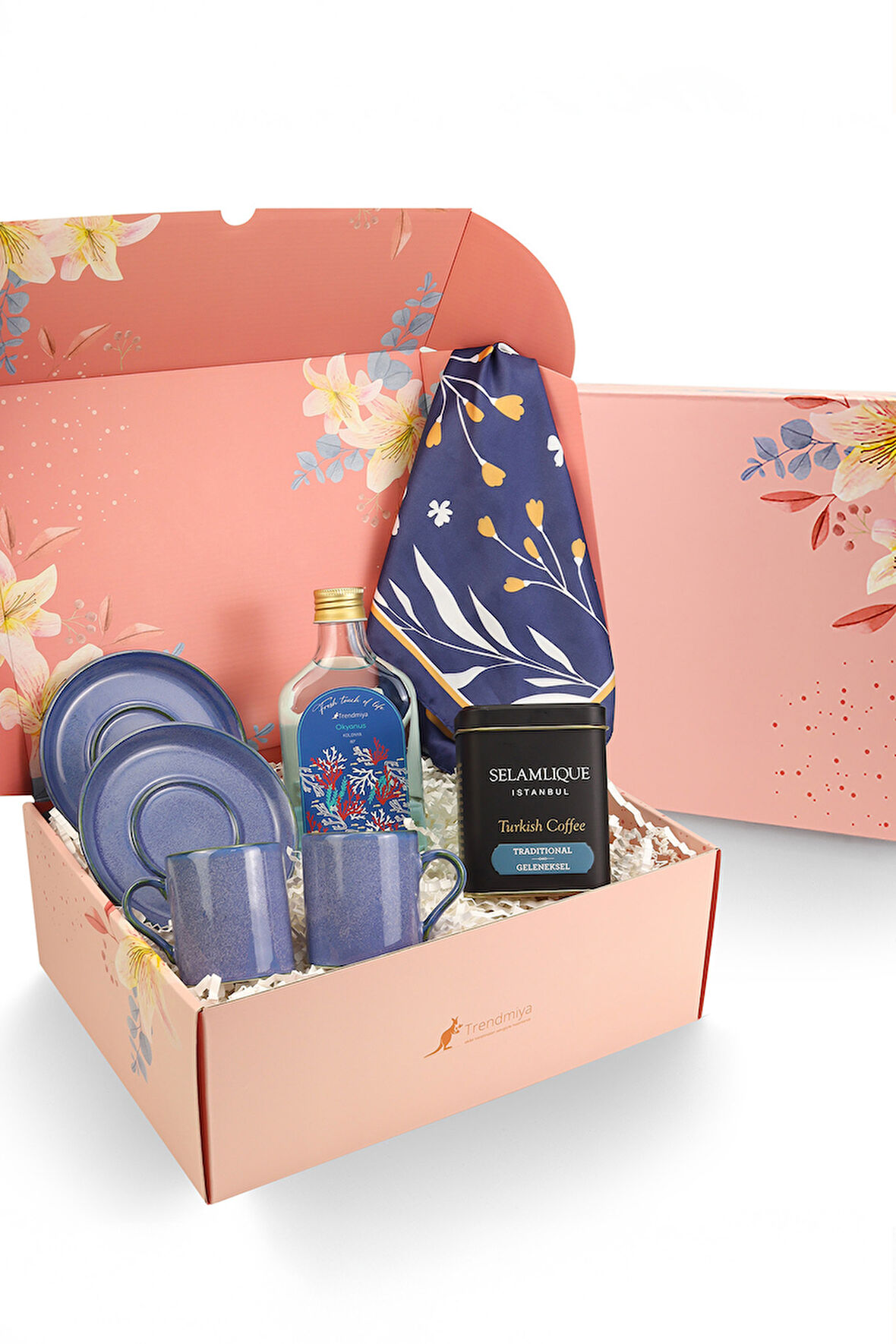 2'li Mavi Porselen Fincan & 200 ml Okyanus Kolonya & Selamlıque Türk Kahvesi & Lacivert Fular