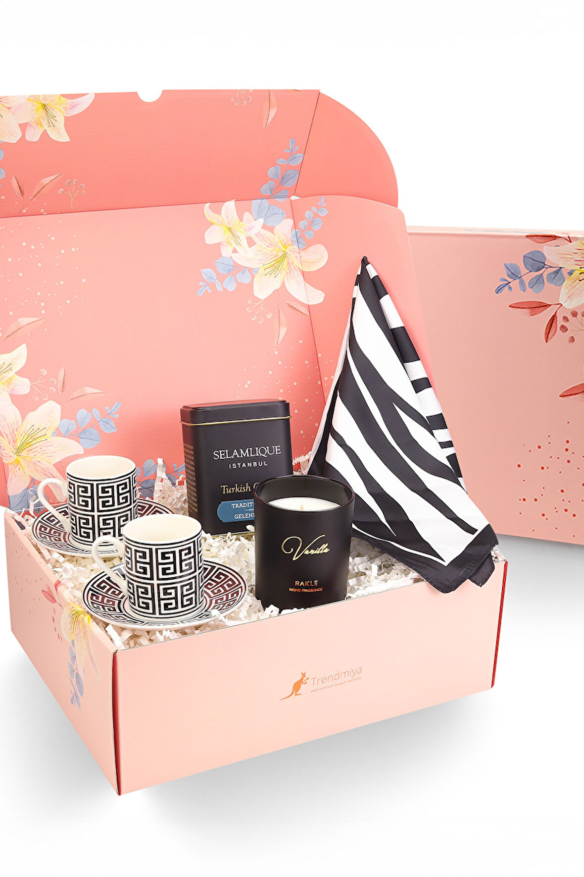 2'li Siyah Beyaz Fincan & Selamlıque Türk Kahvesi & Rakle Mum & Zebra Fular