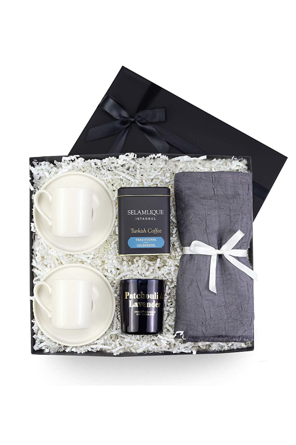 2 li Türk Kahvesi Fincanı & Rakle Mum & Gri Şal & Selamlıque Türk Kahvesi Hediye Seti