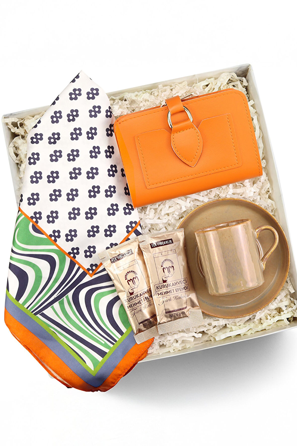 Porselen Fincan & Cüzdan & Türk Kahvesi & Tasarım Fular Hediye Seti