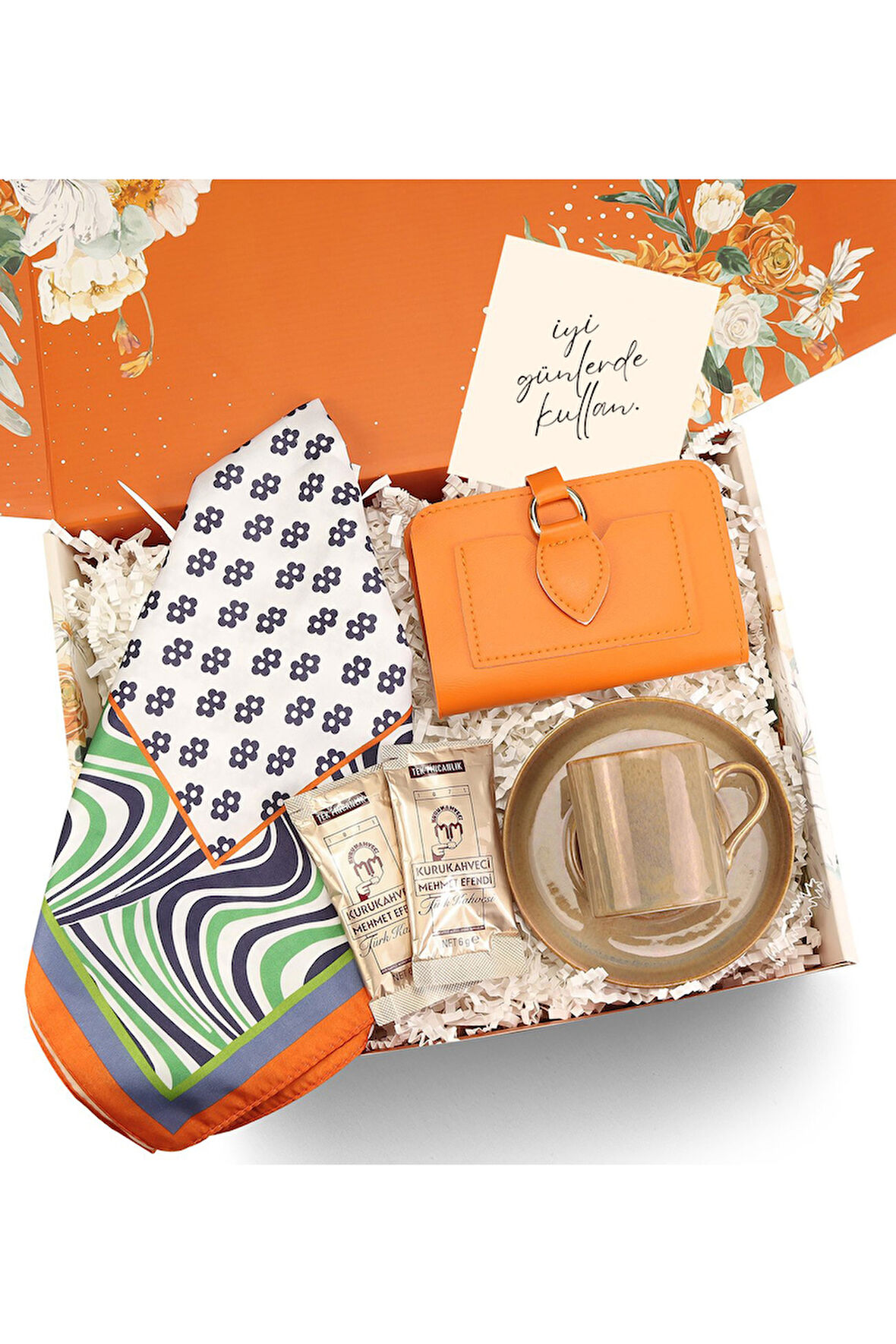 Porselen Fincan & Yumuşak Deri Cüzdan & Mehmet Efendi Türk Kahvesi & Tasarım Fular Hediye Seti