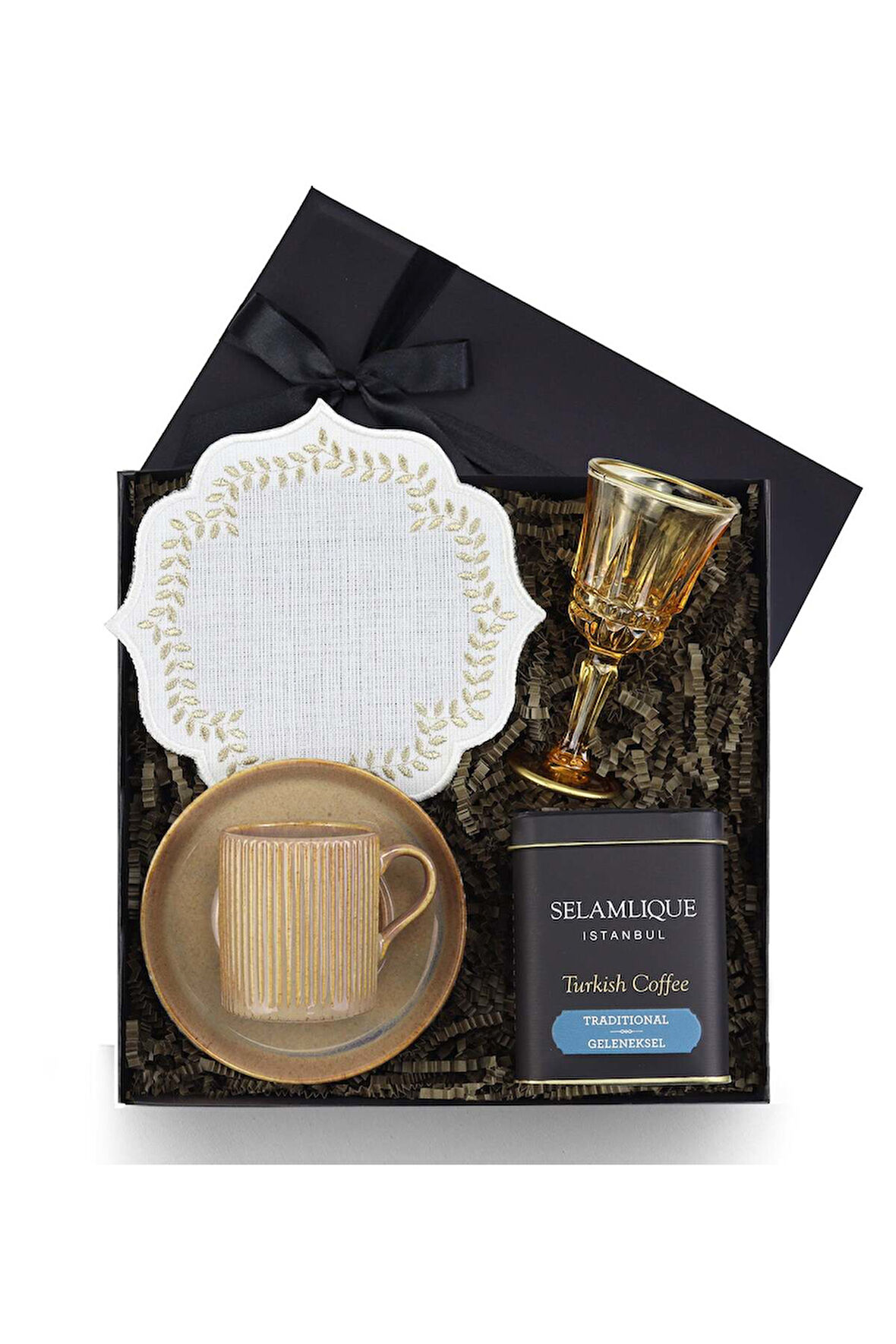 Porselen Fincan & Selamlıque Türk Kahvesi & Kahve Yanı Su Kadehi & Sunum Kahve Peçetesi Hediye Seti