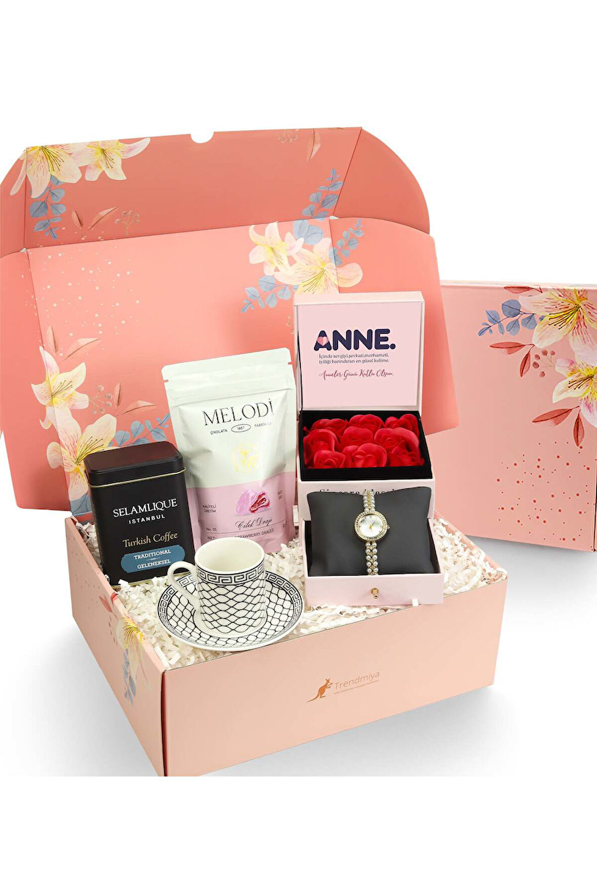 Pembe Gül Kutusu & Türk Kahvesi & Kadın Saati & Fincan & Melodi Çilek Draje Hediye Seti