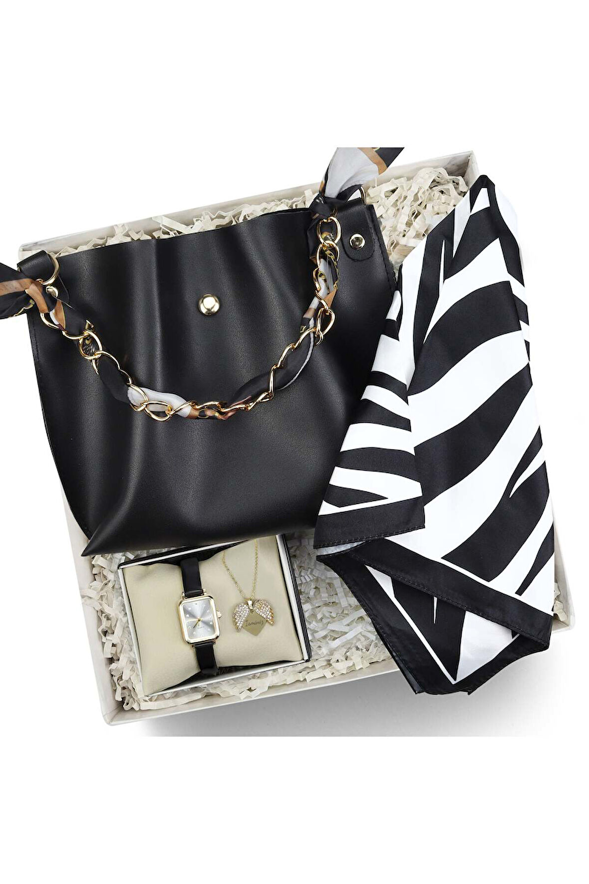 Kişiye Özel Melek Kolye & Zebra Fular & Saat & Çanta Anneler Günü Hediye Seti