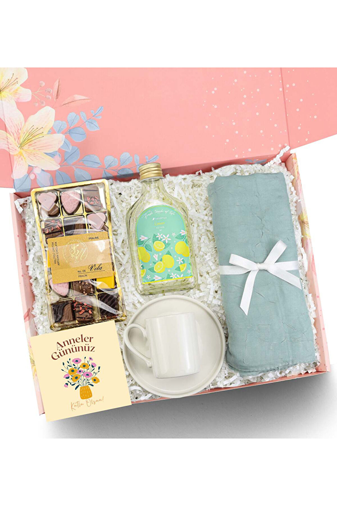 Yeşil Bambu Şal & 200 ml Limon Kolonyası & Beyaz Porselen Fincan & Melodi Vela Çikolata Hediye Seti