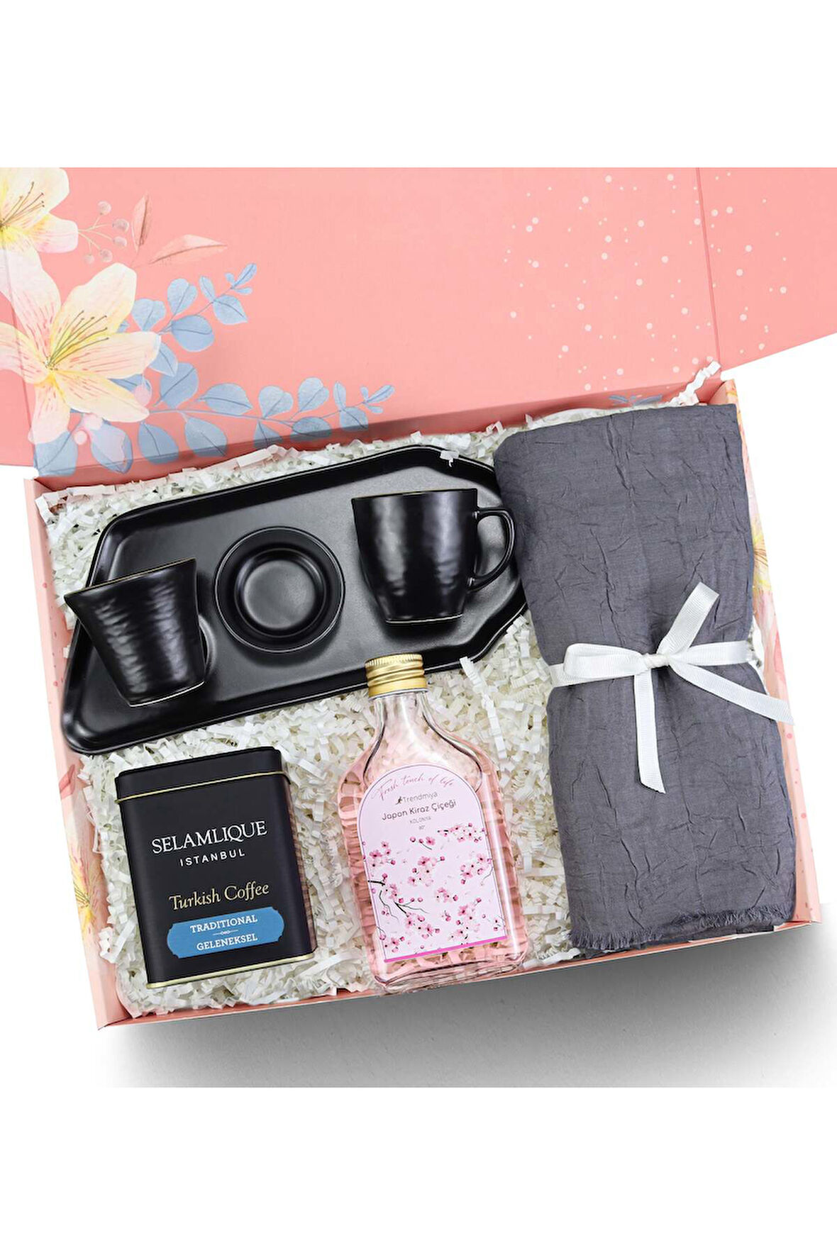 Türk Kahvesi Sunum Seti & Bambu Gri Şal & Türk Kahvesi & Kolonya Hediye Seti