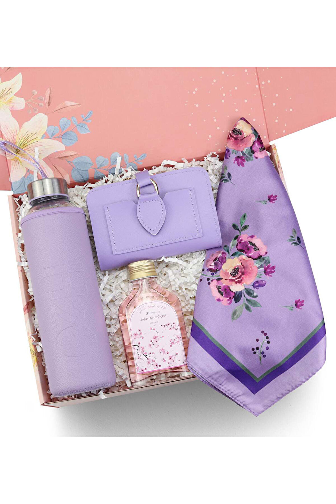 Deri Kılıflı Cam Matara & Mor Fular & Mor Yumuşak Deri Cüzdan & 100 ml Kolonya Hediye Seti