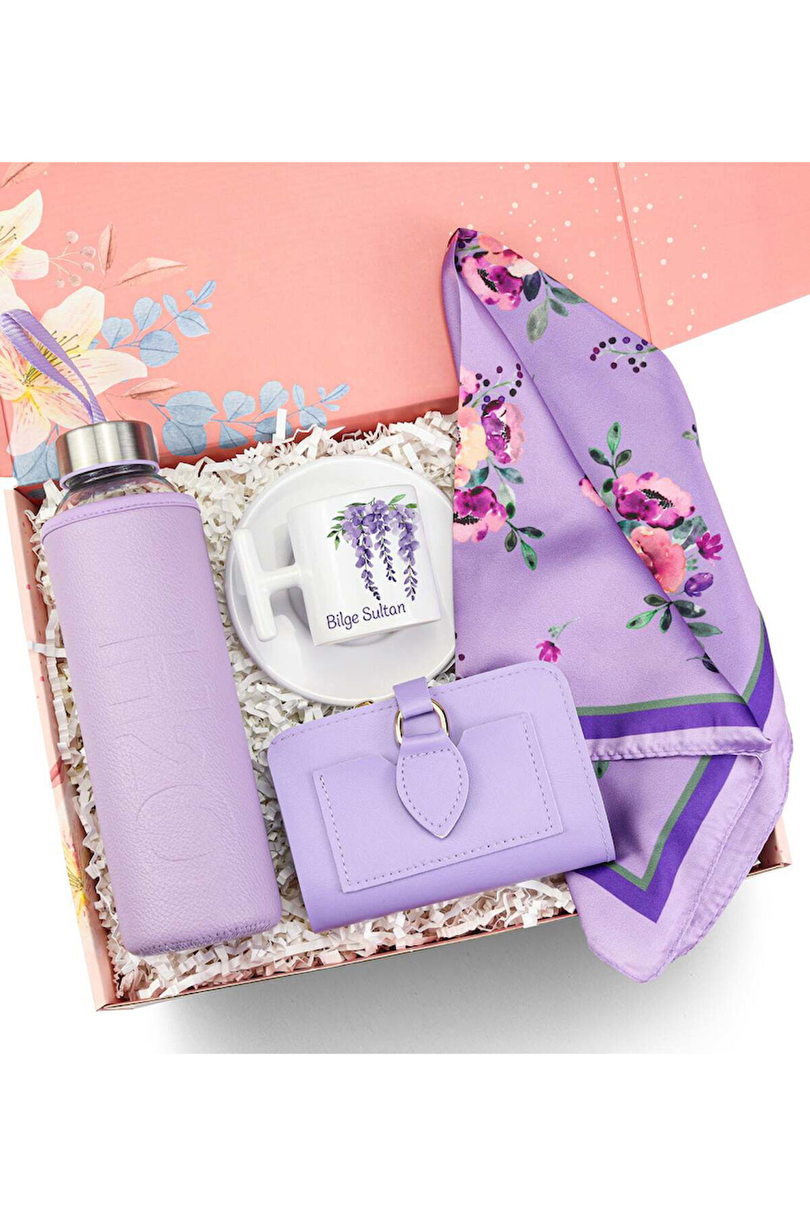Kişiye Özel T Fincan & Mor Kılıflı Matara & Mor Çiçekli Fular & Lila Cüzdan