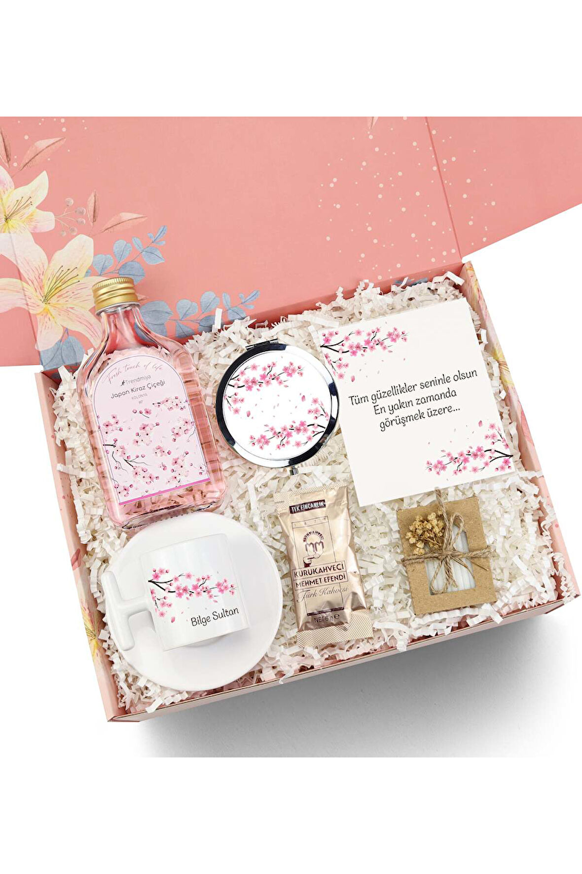 Kişiye Özel T Sakura Fincan & Tredmiya Kolonya & Ayna & Tek İçimlik Türk Kahvesi & Sabun Hediye Seti