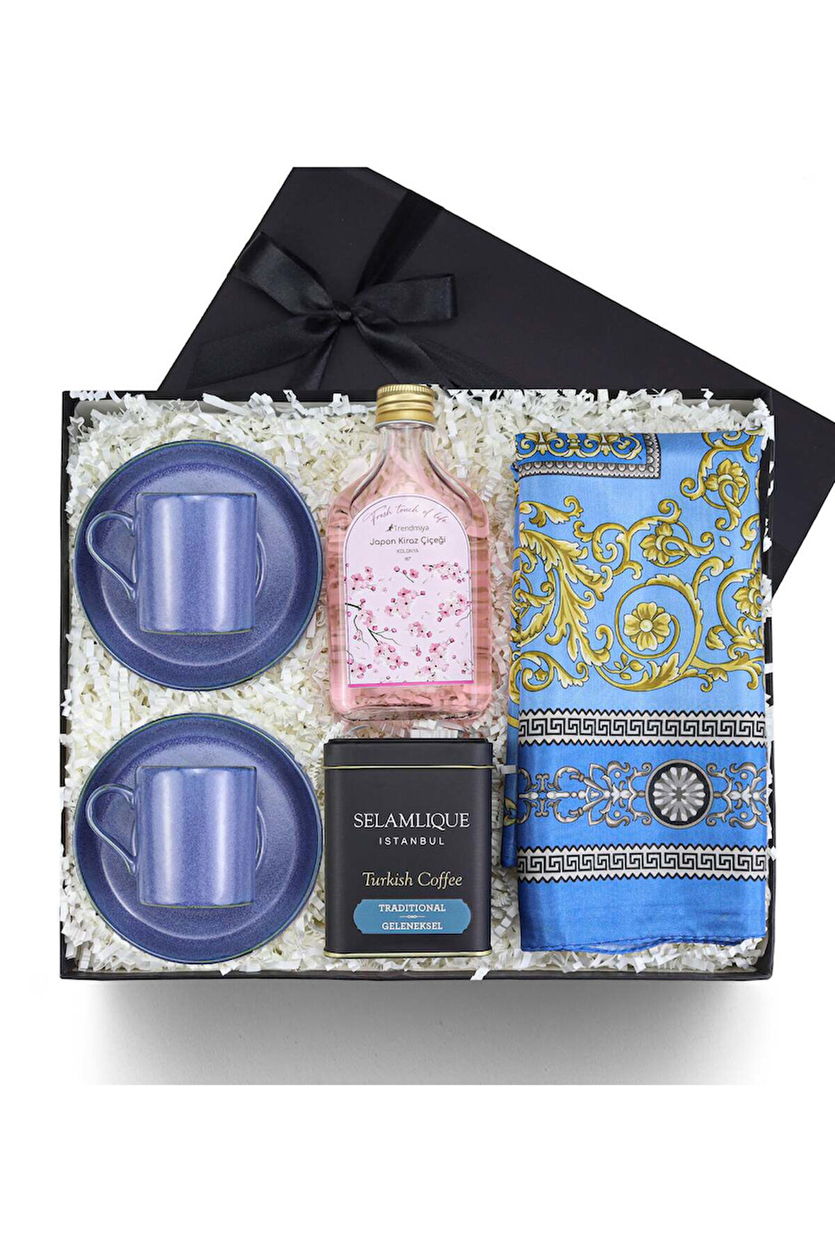 Saten Şal & 2'li Porselen Fincan & Türk Kahvesi & Kolonya Hediye Seti