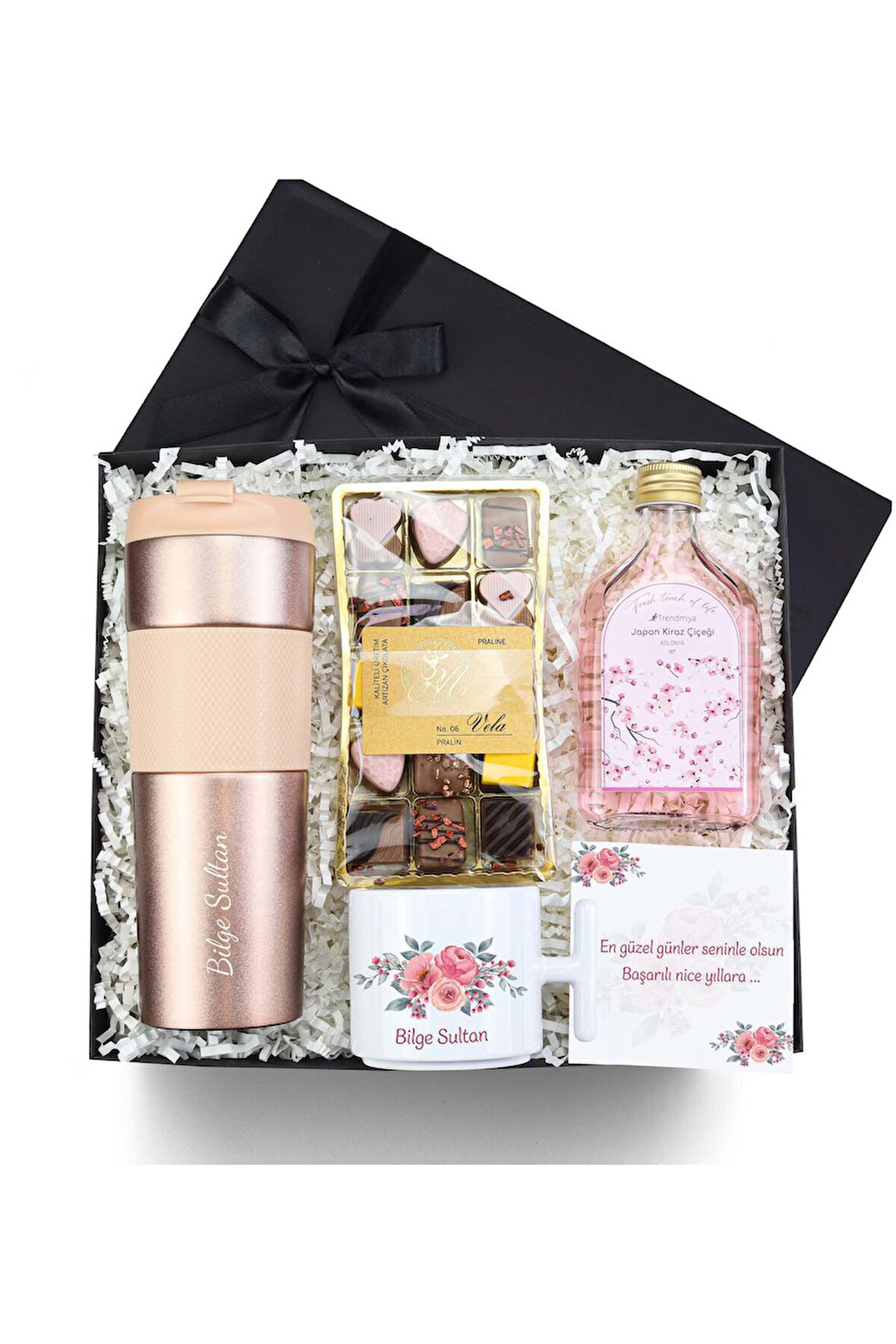 Kişiye Özel Termos & T Kupa & Melodi Vela Çikolata & Kolonya Hediye Seti