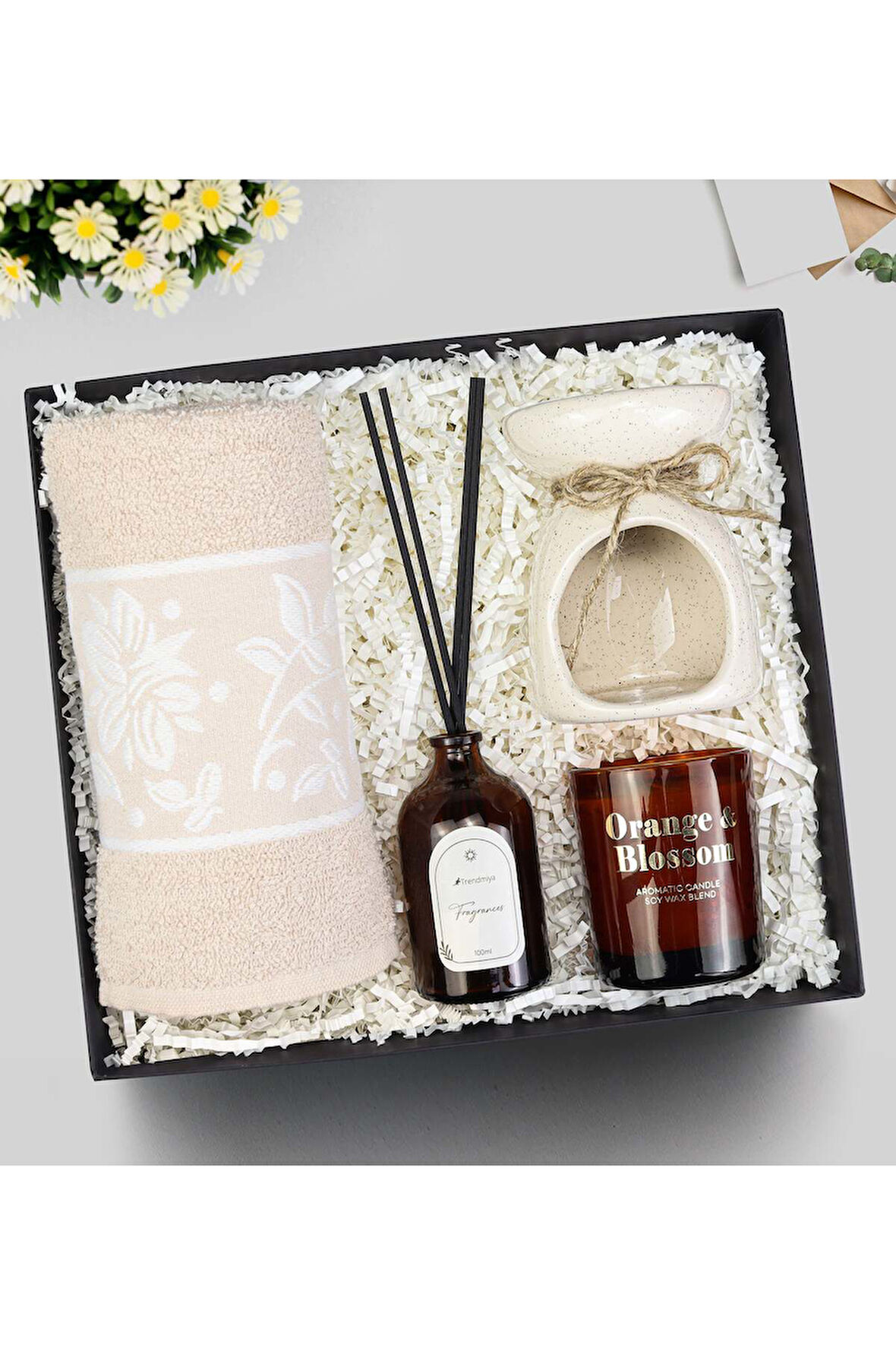El ve Yüz Havlusu & Oda Kokusu & Buhurdanlık & Rakle Mum Hediye Seti