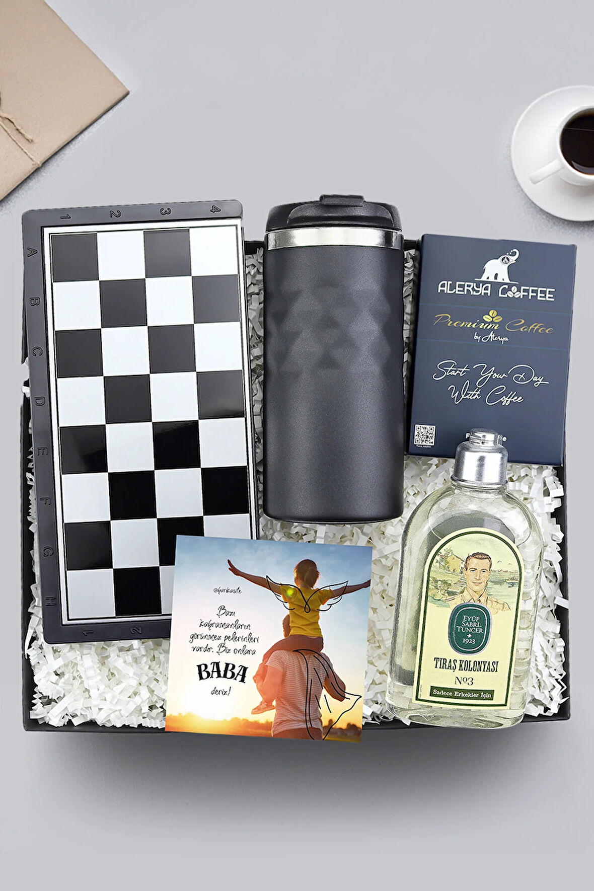 Satranç - Tavla - Dama & Termos & Eyüp Sabri Tuncer Tıraş Kolonyası & Filtre Kahve Hediye Seti