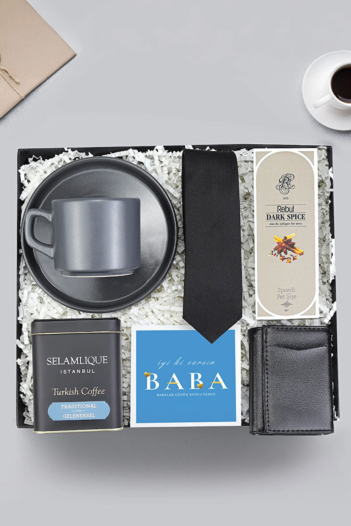 Double Fincan & Kravat & Kolonya & Selamlıque Türk Kahvesi & Mekanizmalı Kartlık Hediye Seti