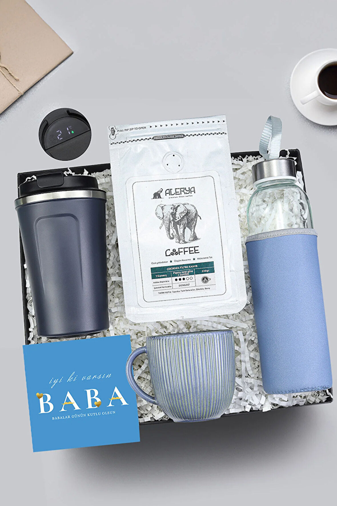 Lacivert Dereceli Termos & Matara & Alerya 200gr Çekirdek Filtre Kahve & Porselen Kupa Hediye Seti