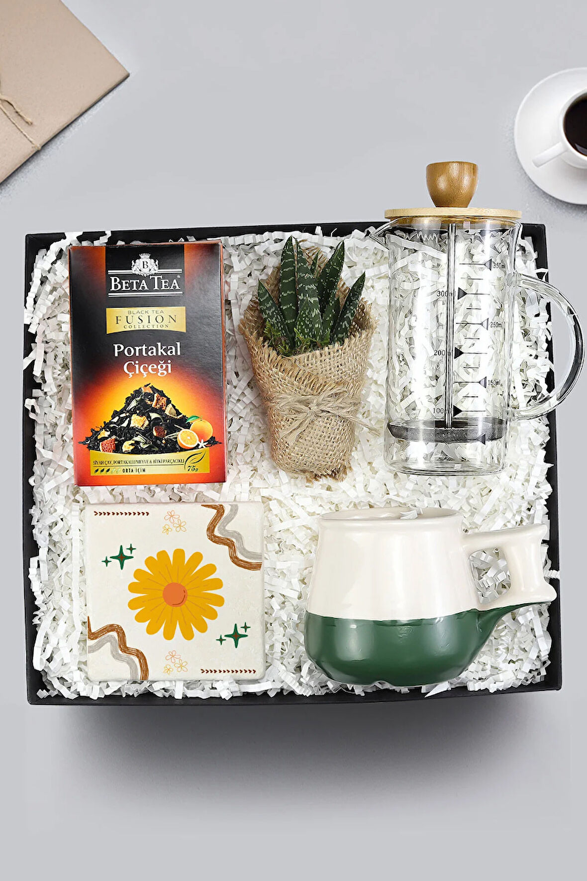 Bambu French Press & Sukulent & Taş Bardak Altlığı & Beta Tea Portakal Çiçeği & Kupa Hediye Seti