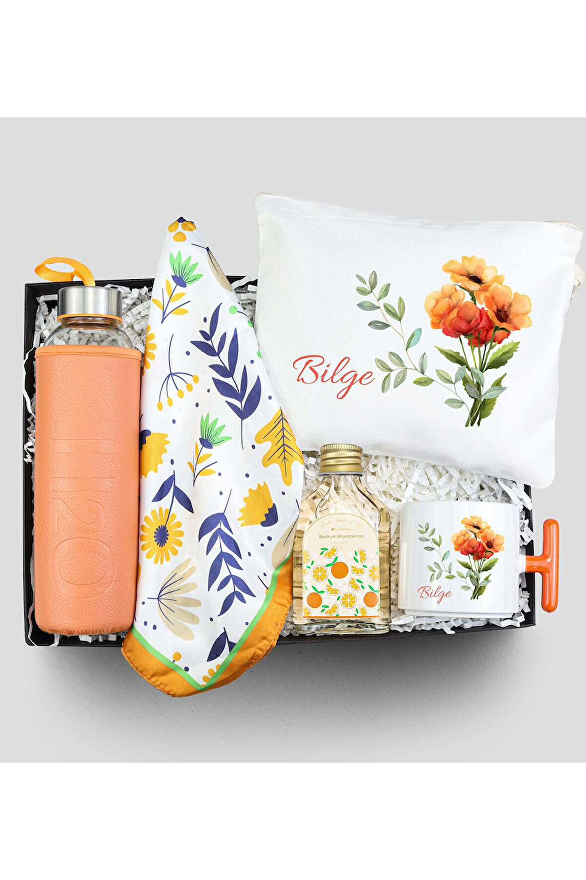 Turuncu Matara & Fular & 100ml Kolonya & Bez Çanta & Turuncu T Kupa