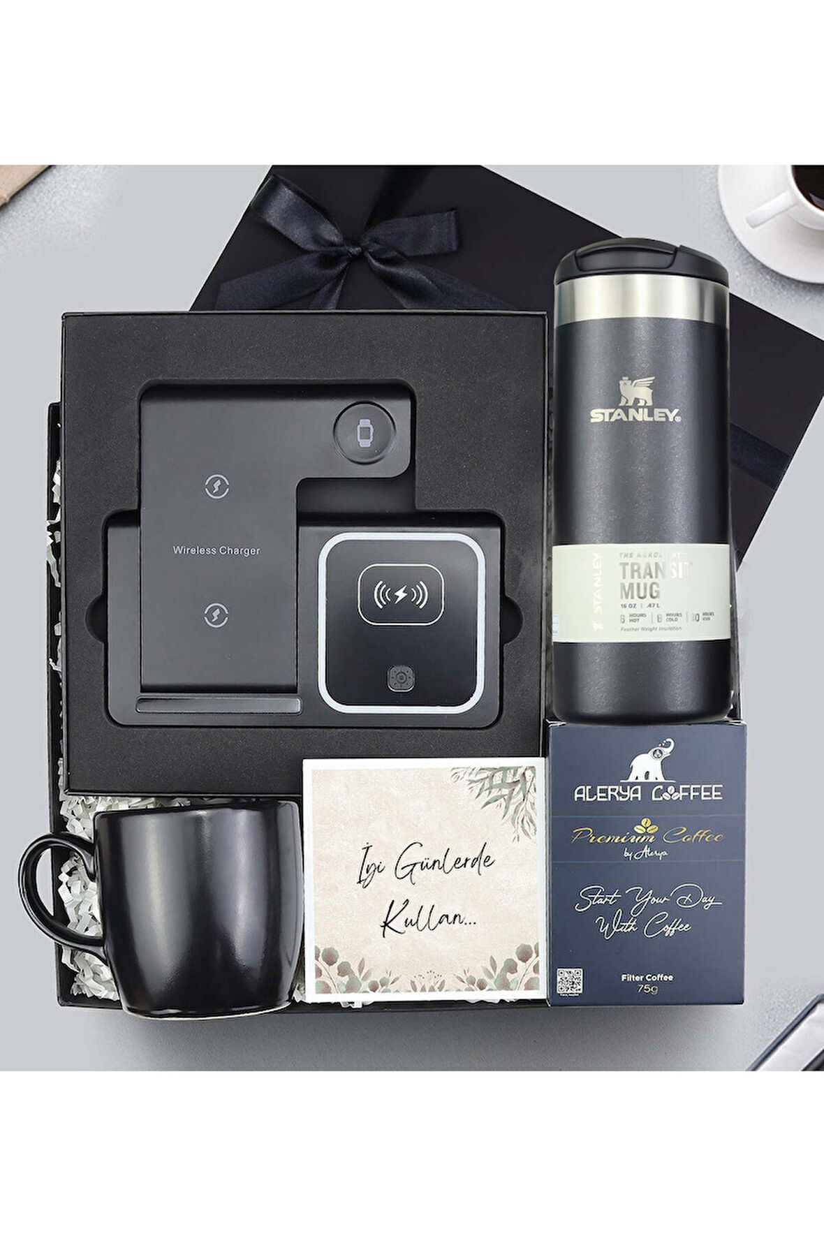 Wireless Masa Üstü Şarj Standı & Termos & Siyah Kupa & Pemium Filtre Kahve