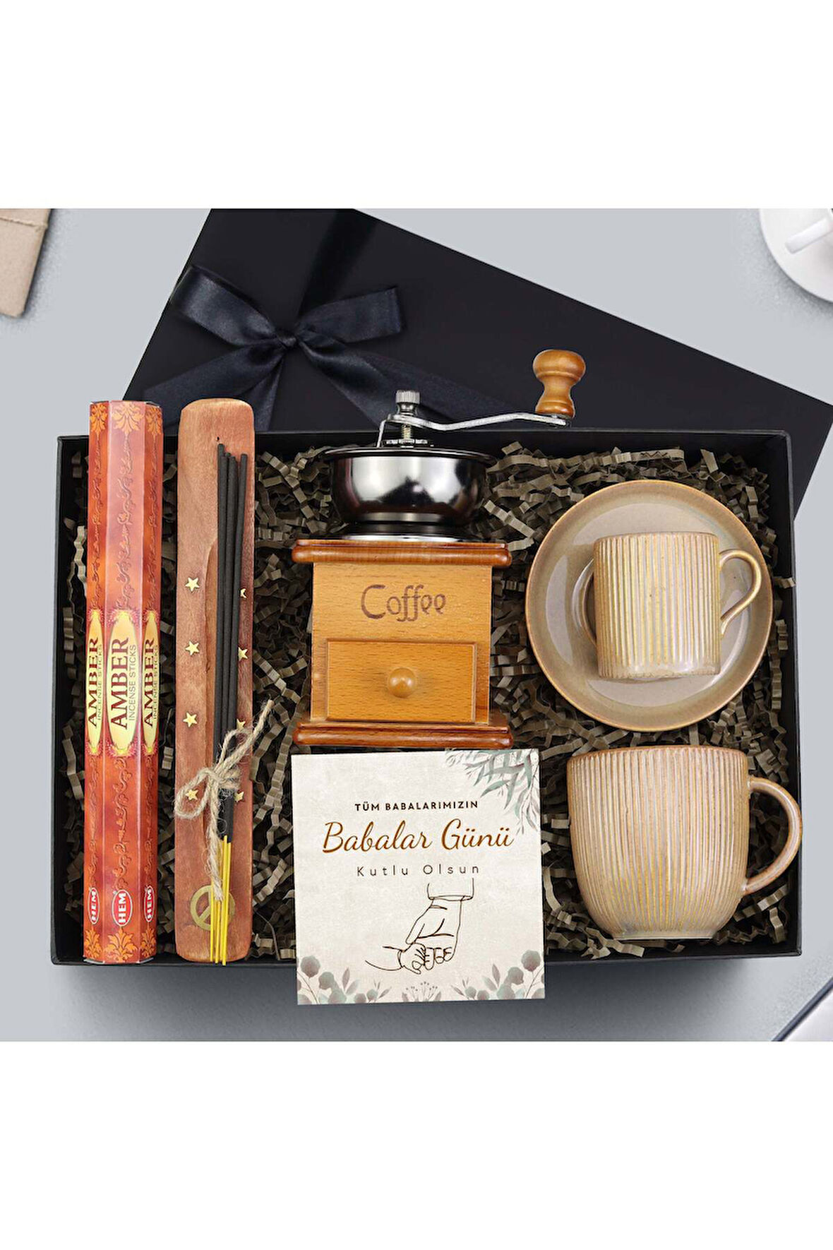 Kahve Öğütücü & Kahverengi Çizgili Porselen Kupa & Çizgili Fincan & Tütsü