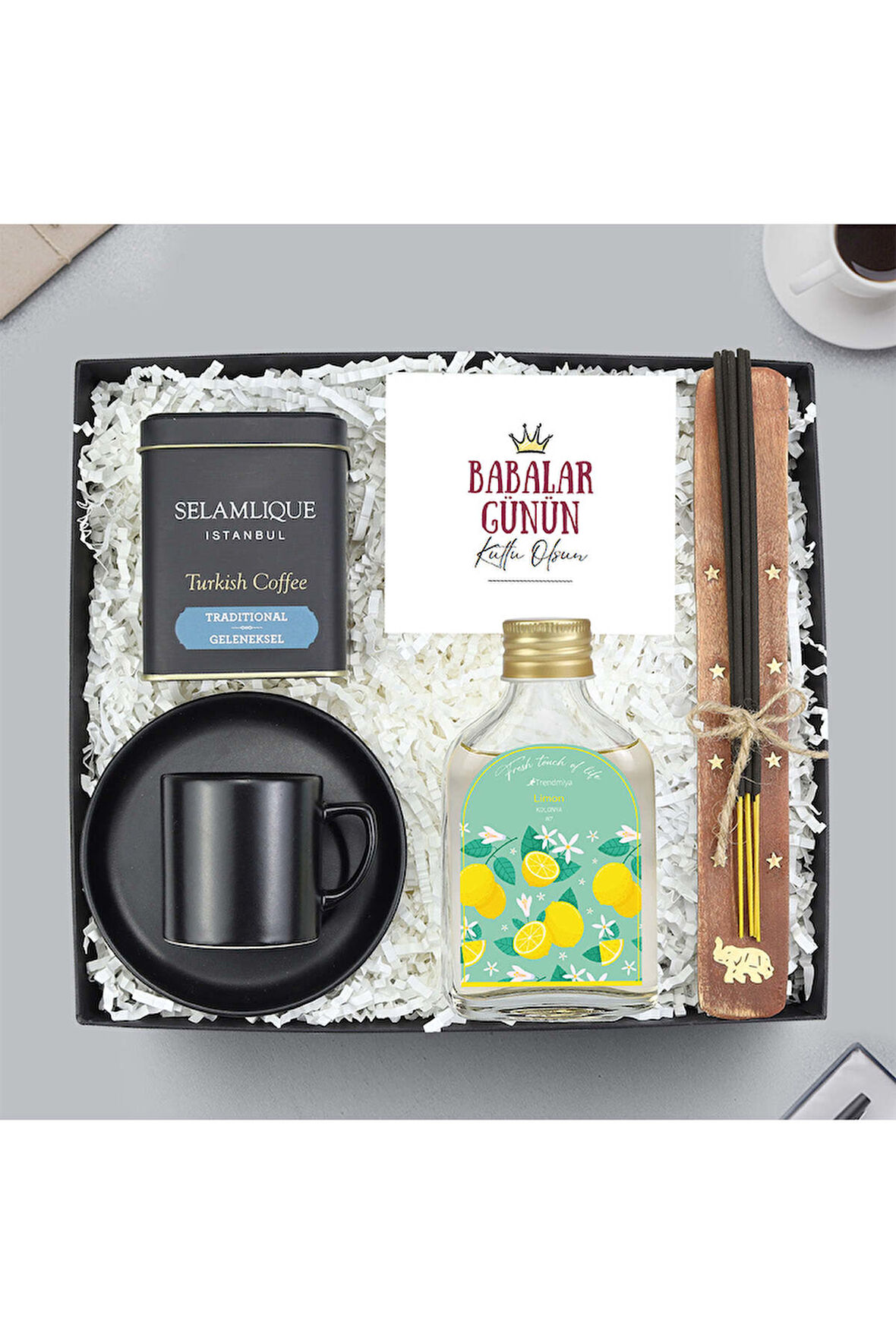 Siyah Fincan & Selamlıque & 100 ml Limon Kolonya & Tütsü Hediye Seti