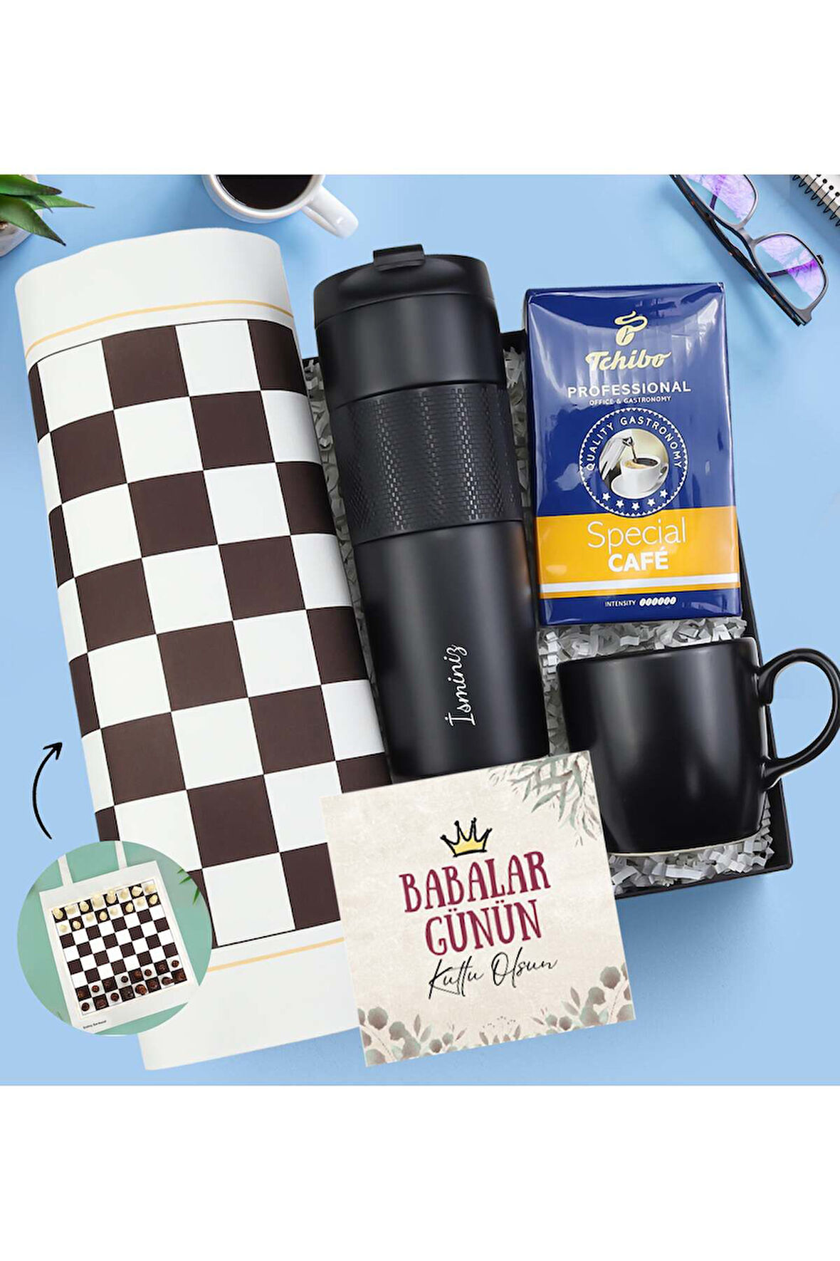 Kişiye Özel Termos & Baskılı Bez Çanta & Kupa & French Press Termos Babalar Günü Hediye Seti