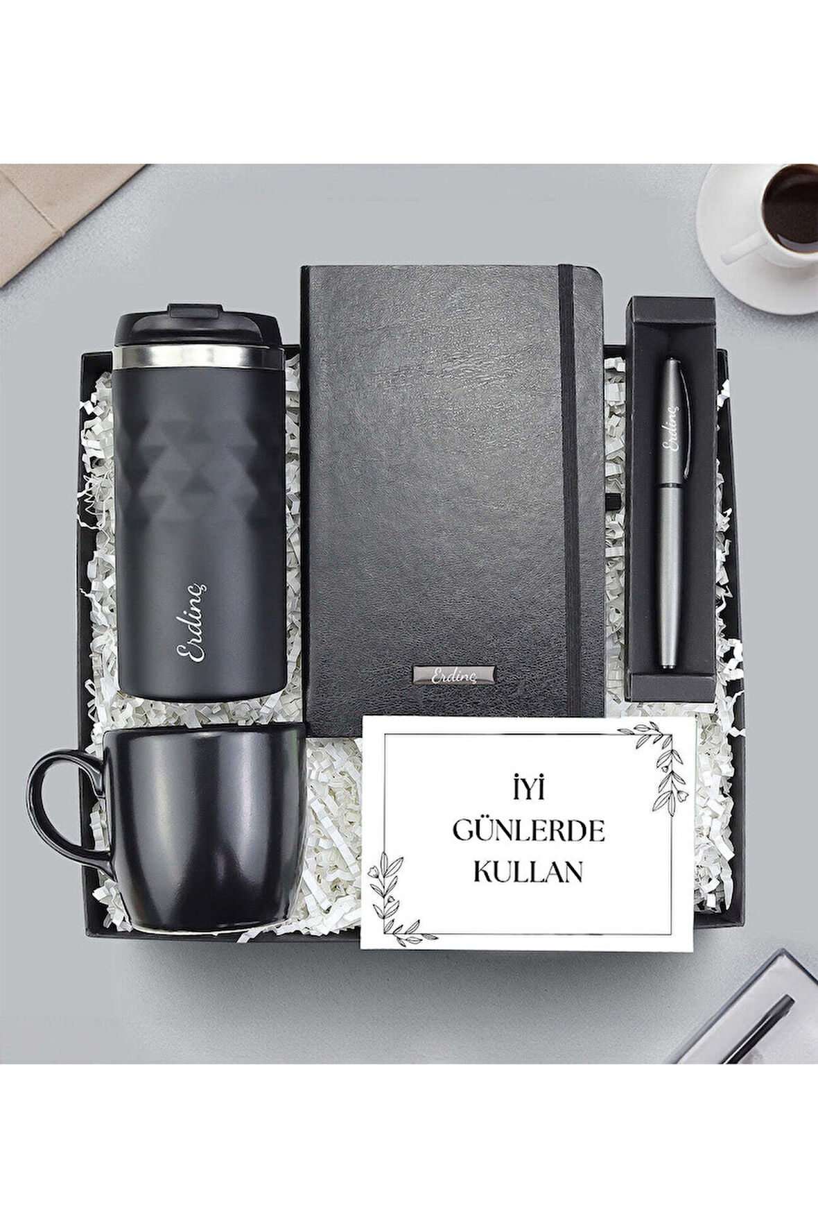 Kristal Termos & Defter & Gri Kalın Roller Kalem & Kupa Hediye Seti