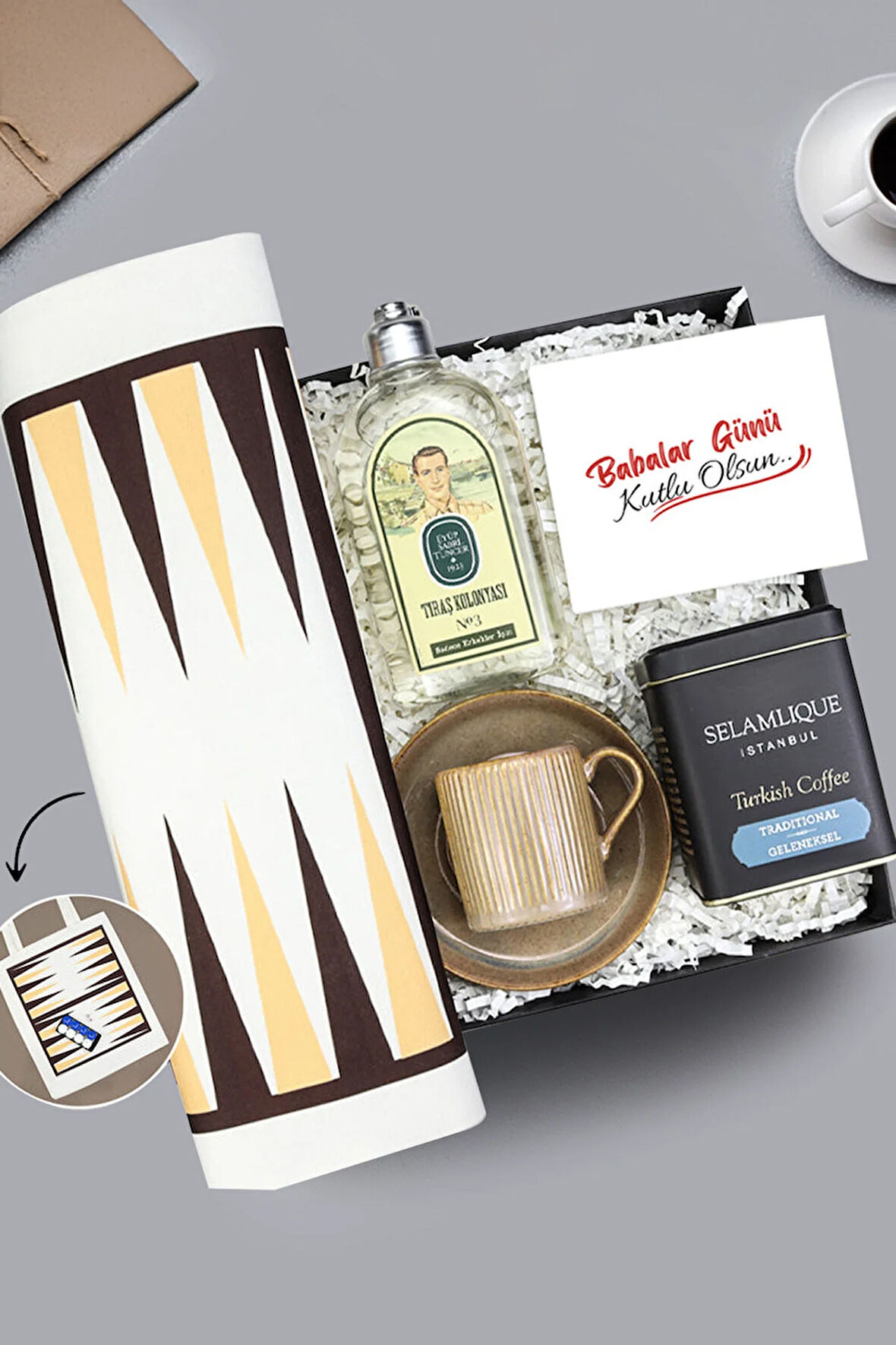 Tavla Baskılı Bez Çanta & Selamlıque & Fincan & Eyüp Sabri Tuncer Tıraş Kolonyası Hediye Seti
