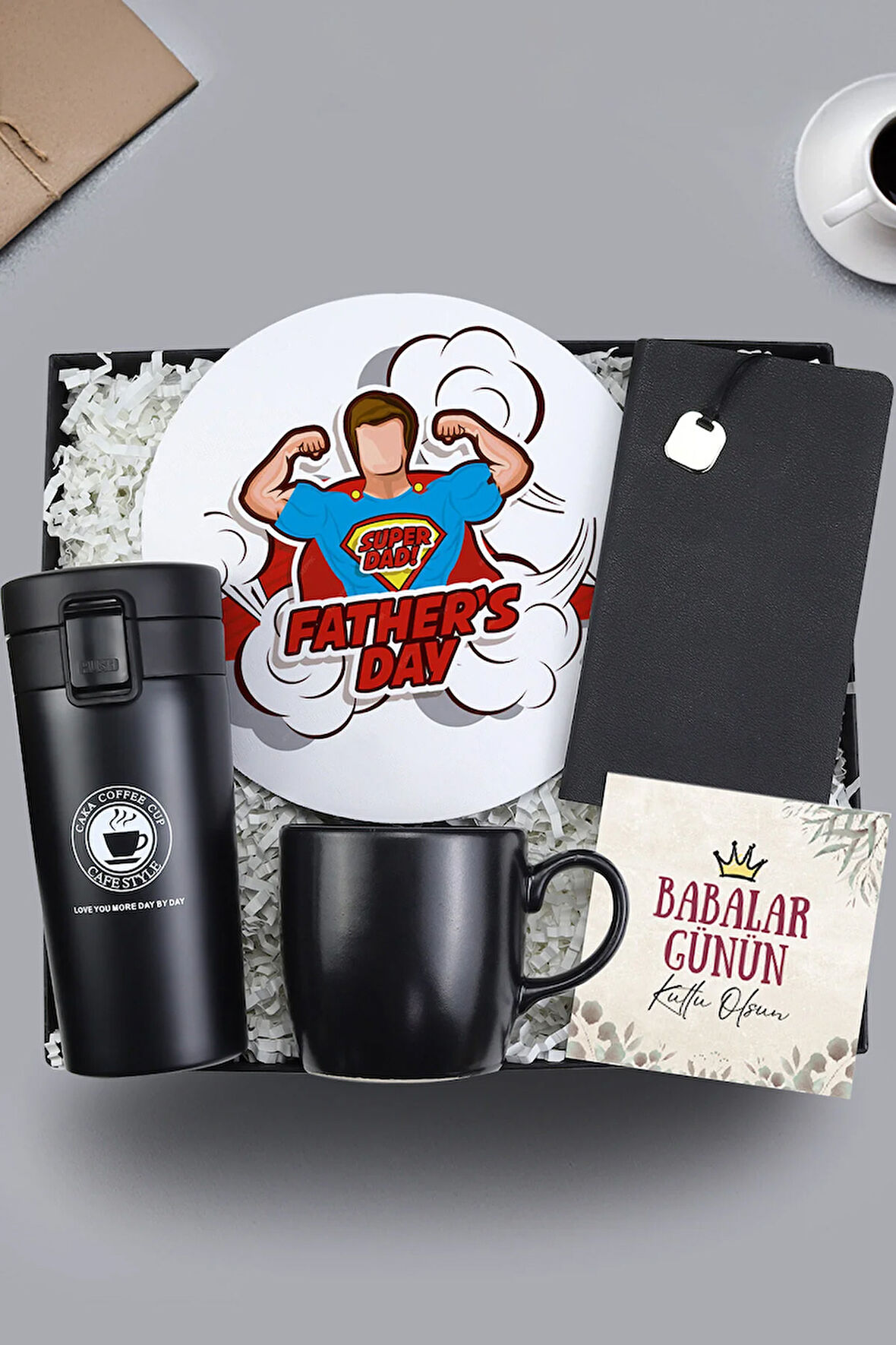 Kilitli Termos & Mousepad & Yumuşak Kapaklı Not Defteri & Siyah Kupa Babalar Günü Hediye Seti