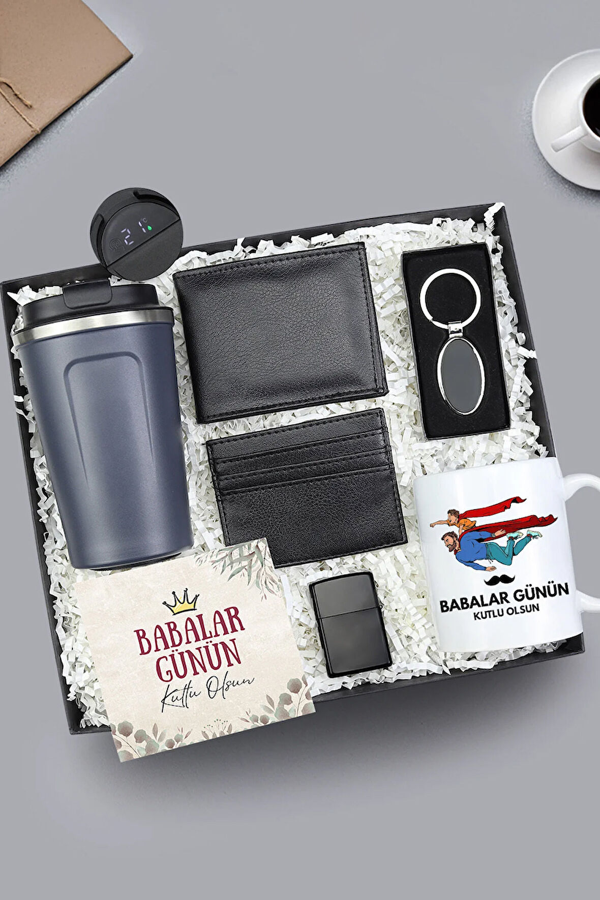 Dereceli Lacivert Termos & Cüzdan & Kartlık & Anahtarlık & Çakmak & Kupa Hediye Seti