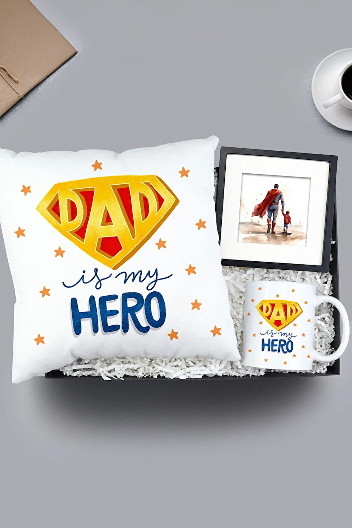 Baba Tasarım Yastık & Kupa & Paspartu Çerçeve Hediye Seti