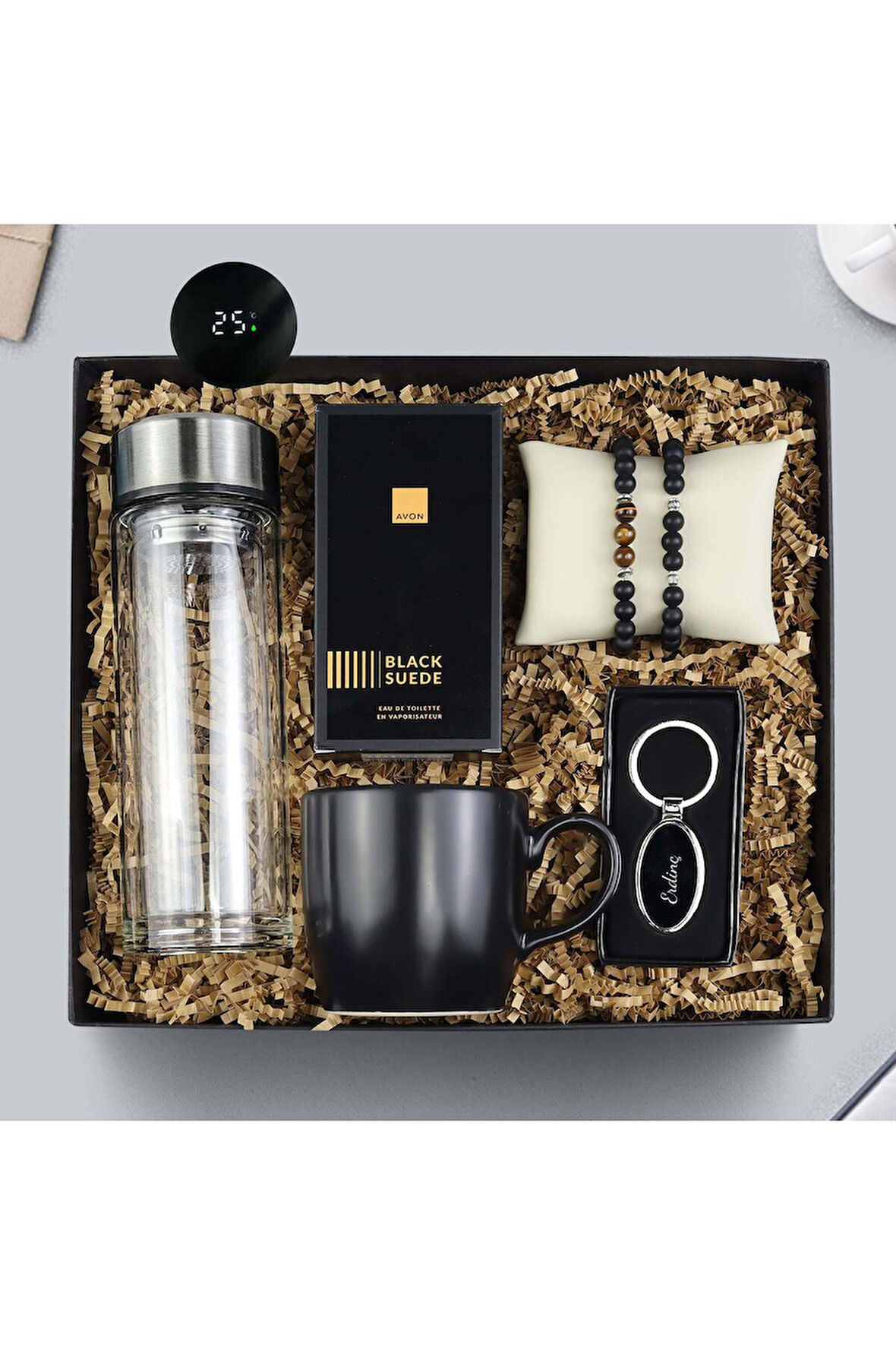 Dereceli Cam Matara & Black Suede Parfüm & Anahtarlık & 2'li Bileklik & Siyah Kupa