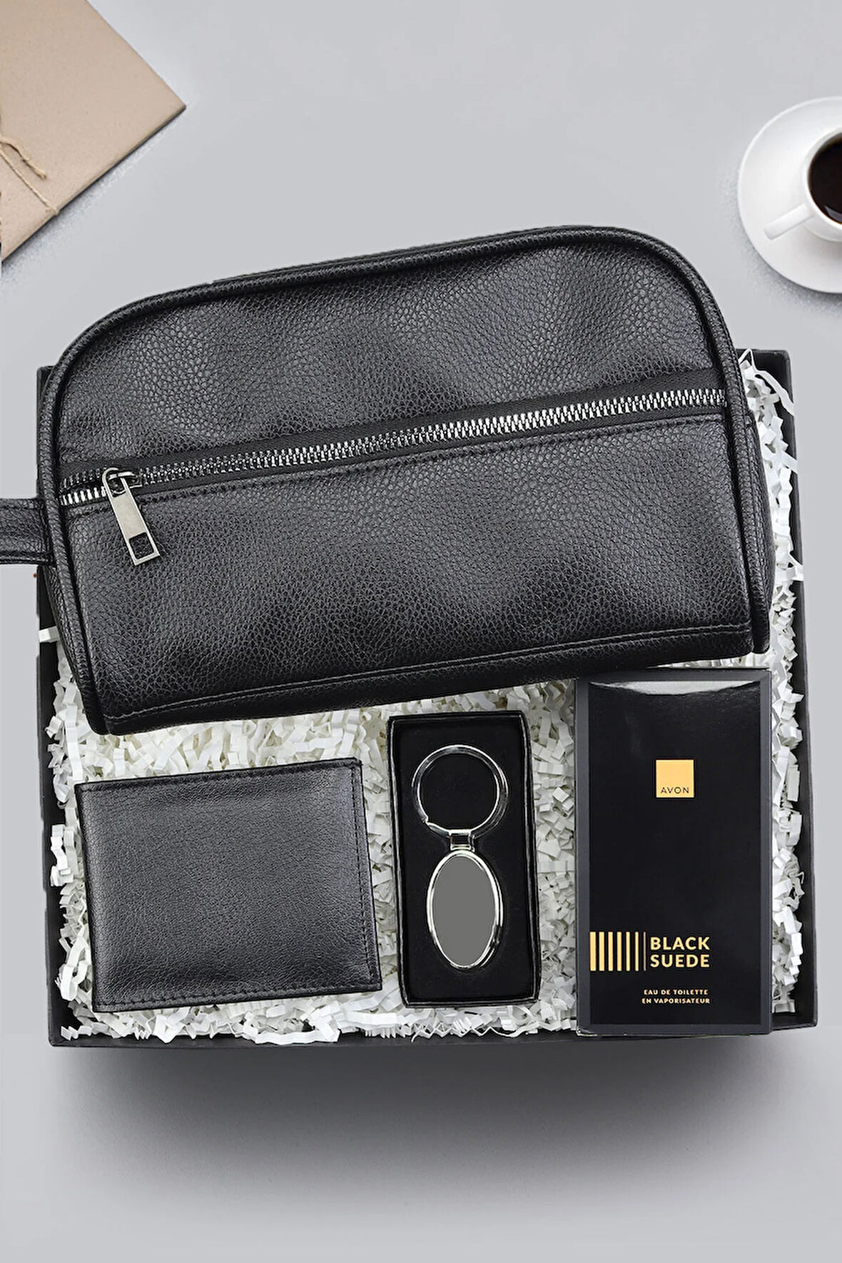 Erkek El Çantası & Cüzdan & Anahtarlık & Black Suede Parfüm Hediye Seti