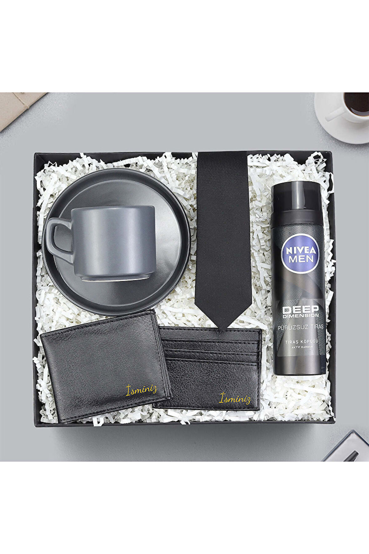 Gri Double Fincan & Kravat & Kartlık & Cüzdan & Tıraş Köpüğü Hediye Seti