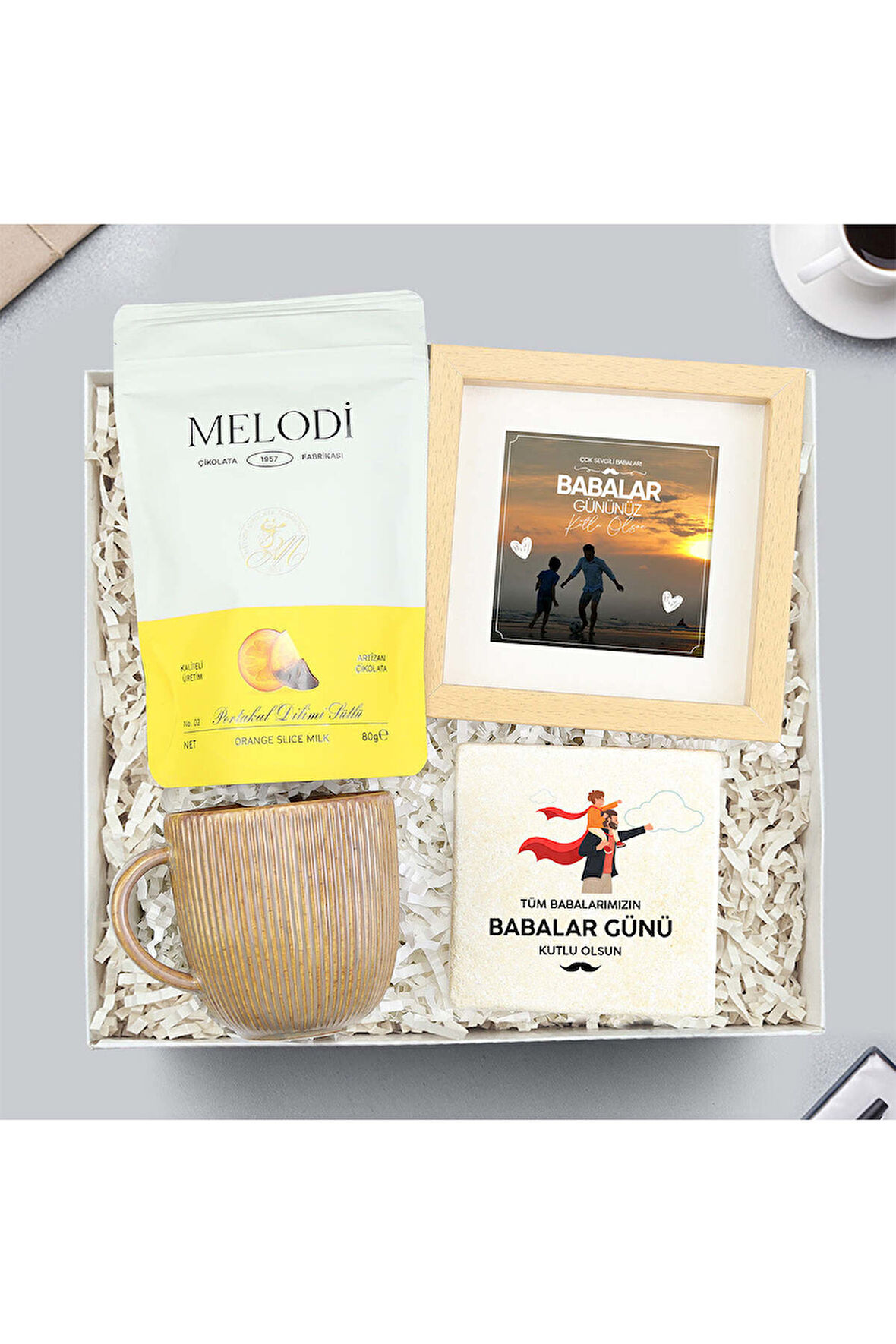 Melodi Portakal Dilim Draje & Paspartu Çerçeve & Kupa & Taş Bardak Altlığı Hediye Seti
