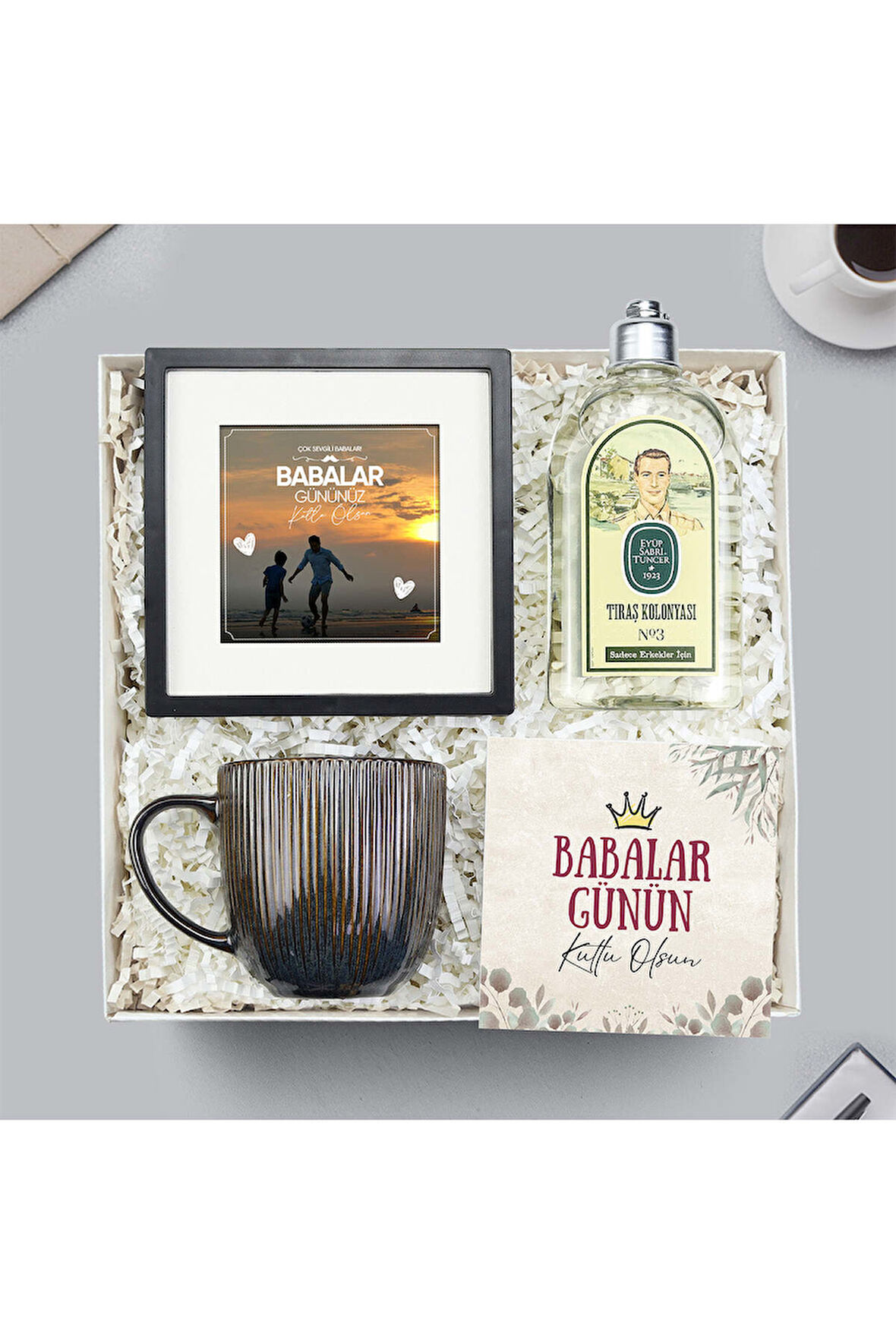 Paspartu Çerçeve & Porselen Kupa & Eyüp Sabri Tuncer Tıraş Kolonyası Hediyesi