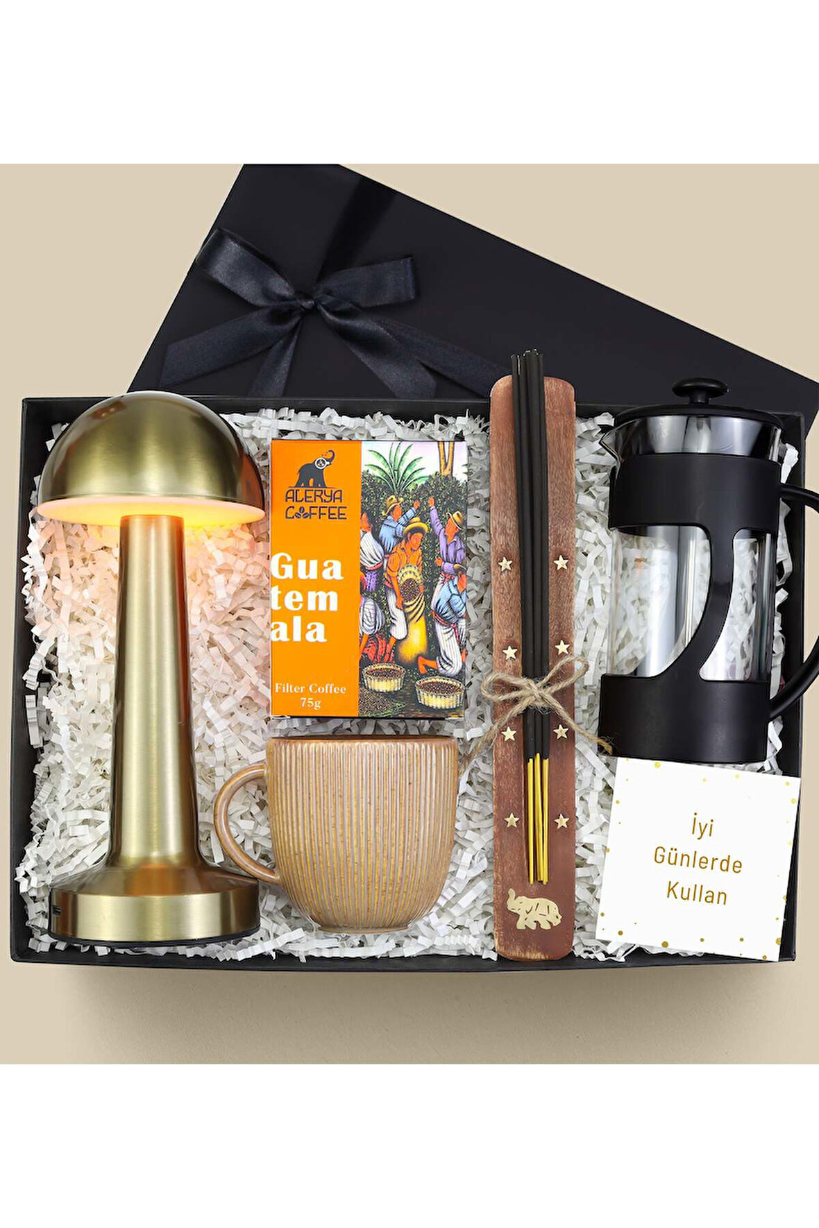 Masa Lambası & Kupa & Çubuk Tütsü & Filtre Kahve & French Press Premium Hediye Seti