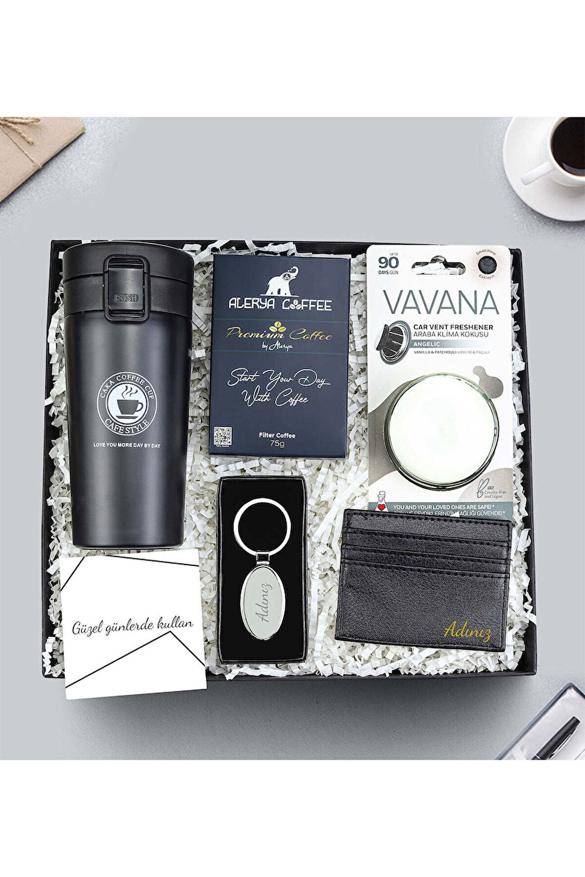 Kilitli Termos & Anahtarlık & Alerya Premium Filtre Kahve & Araç Kokusu & Kartlık Hediye Seti