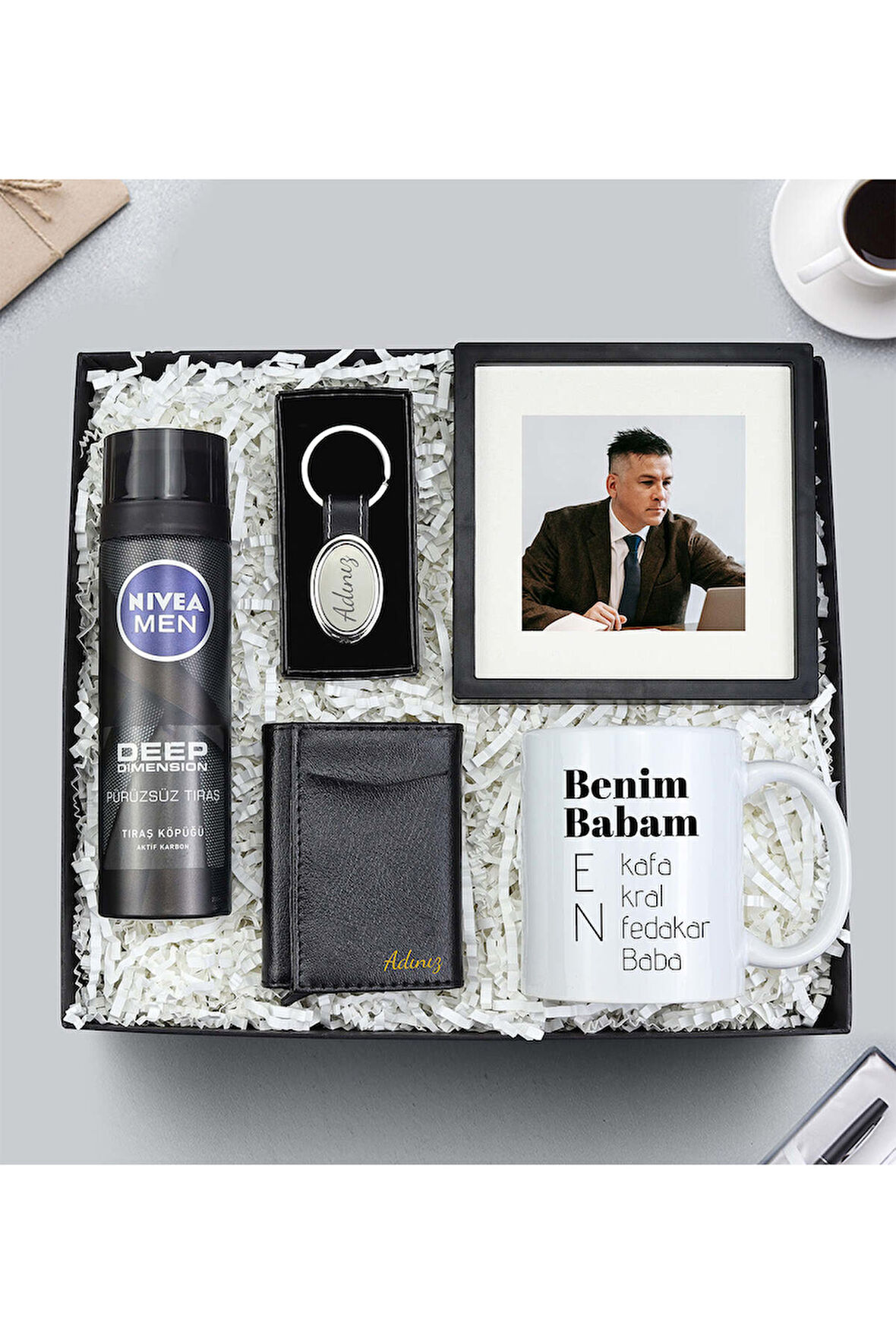 Paspartu Çerçeve & Tıraş Köpüğü & Anahtarlık & Mekanizmalı Kartlık & Babalar Günü Kupa Hediye Seti