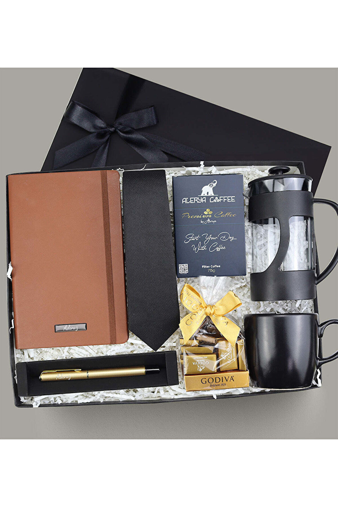 Kişiye Özel Defter & Kravat & French Press & Kupa & Kalem & Çikolata & Filtre Kahve Hediye Seti