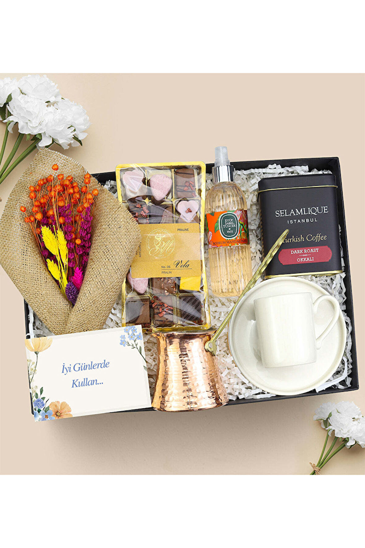 Sukulent Çiçek & Kolonya & Çiçek Buketi & Çikolata & Bakır Cezve & Türk Kahvesi Hediye Seti